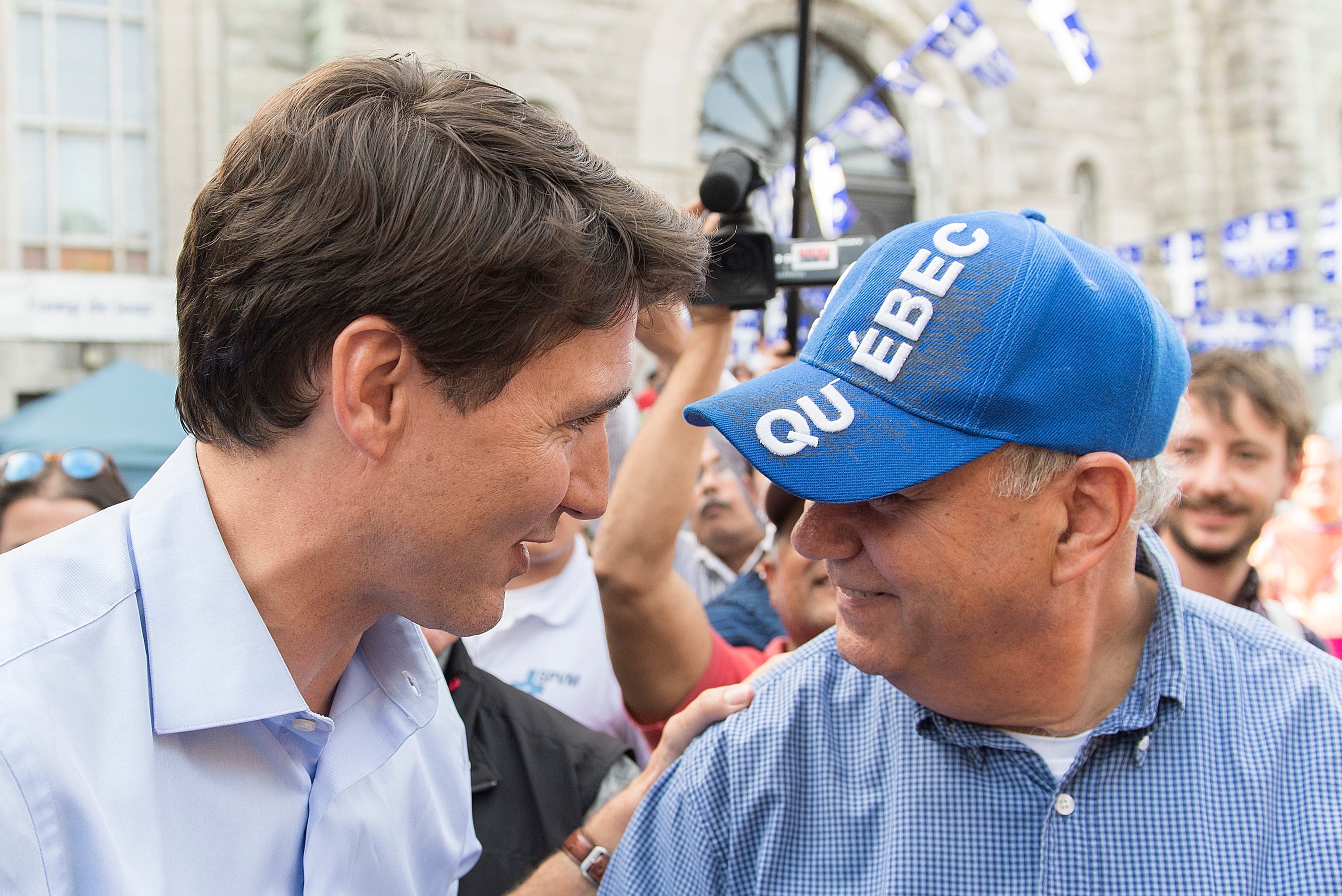 Trudeau greets supporters during Saint-Jean-Baptiste day celebrations in Montreal on June 24, 2019 (THE CANADIAN PRESS/Graham Hughes)