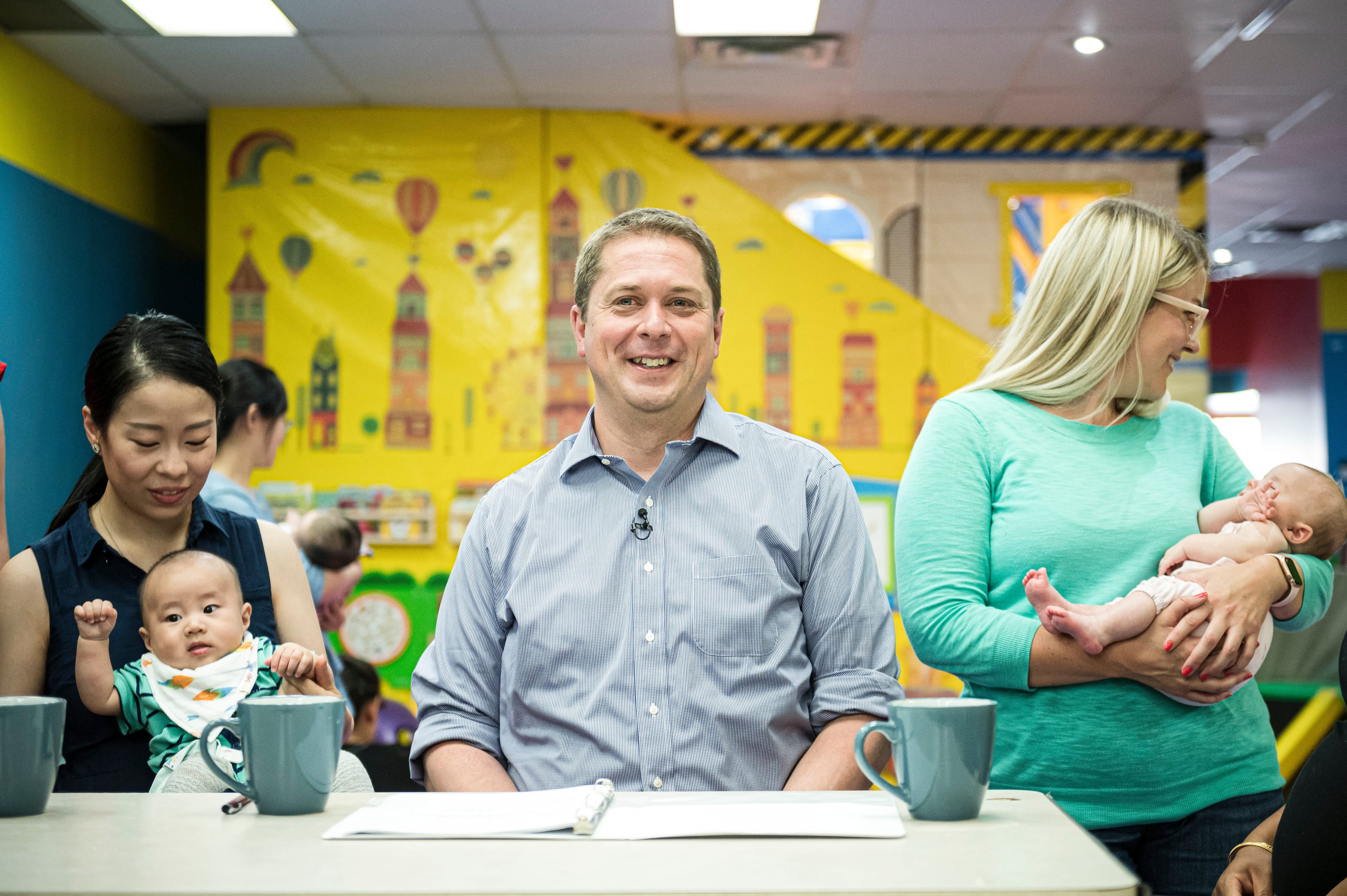 Scheer makes an announcement at a Kids Fun Town playground in Toronto Aug. 20, 2019 (THE CANADIAN PRESS/Christopher Katsarov)