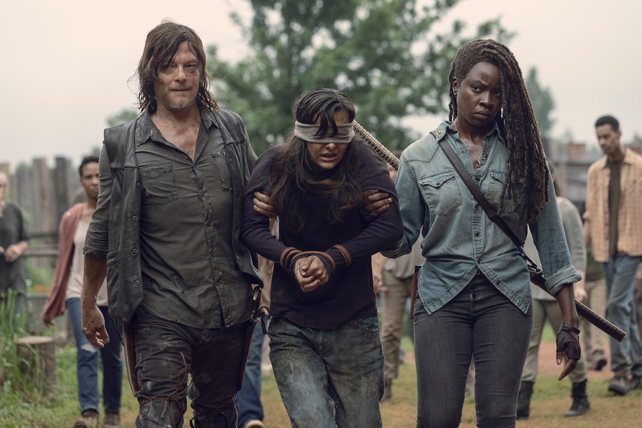 Danai Gurira as Michonne, Norman Reedus as Daryl Dixon, Cassady McClincy as Lydia in The Walking Dead Season 9 (Jackson Lee Davis/AMC)