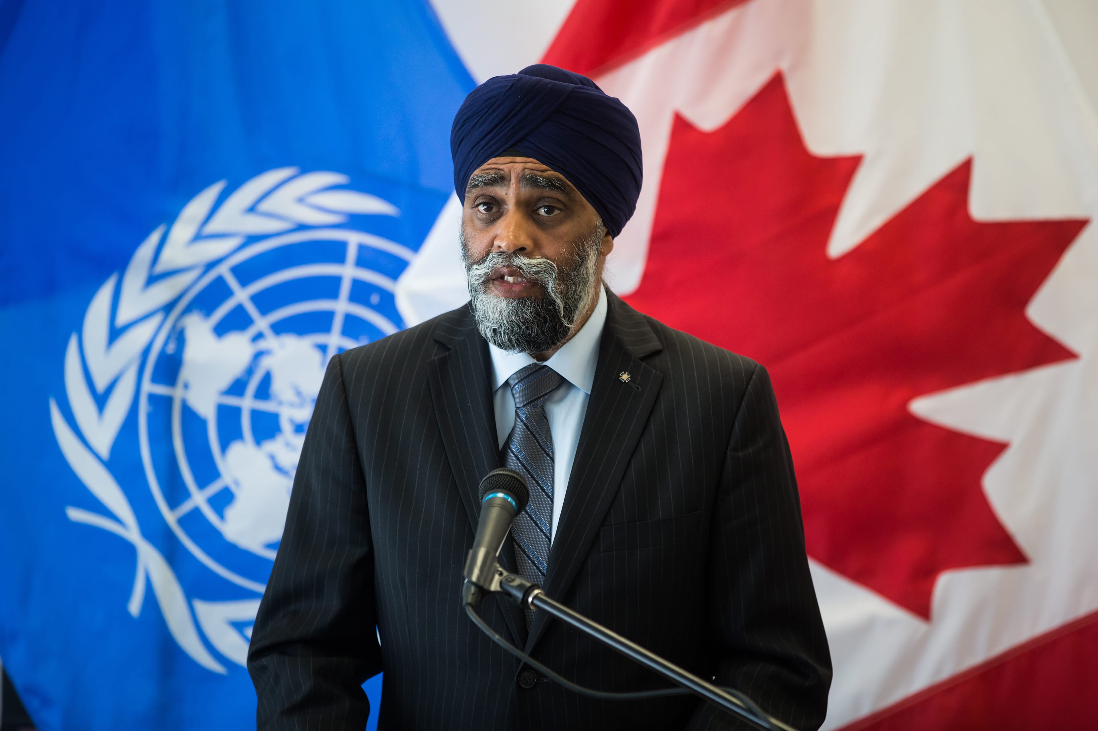 Sajjan speaks at a news conference in Vancouver about Canada's support for a UN peacekeeping mission in Uganda, on Aug. 15, 2019 (THE CANADIAN PRESS/Darryl Dyck)