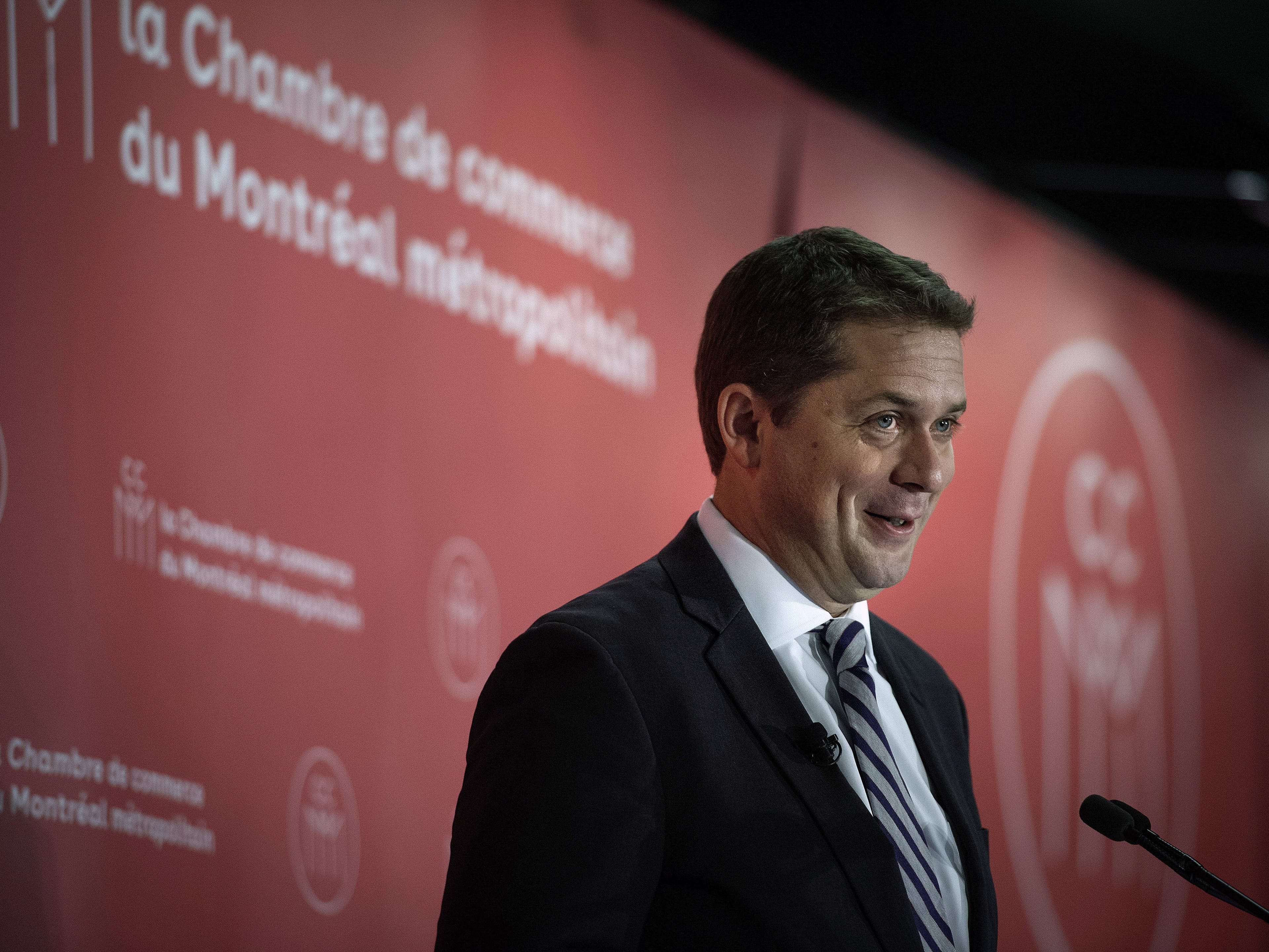  Leader of the Conservative Party Andrew Scheer speaks to members of the Chambre de commerce du Montreal metropolitain during a luncheon in Montreal on Friday, Sept. 6, 2019. (Peter McCabe/CP)