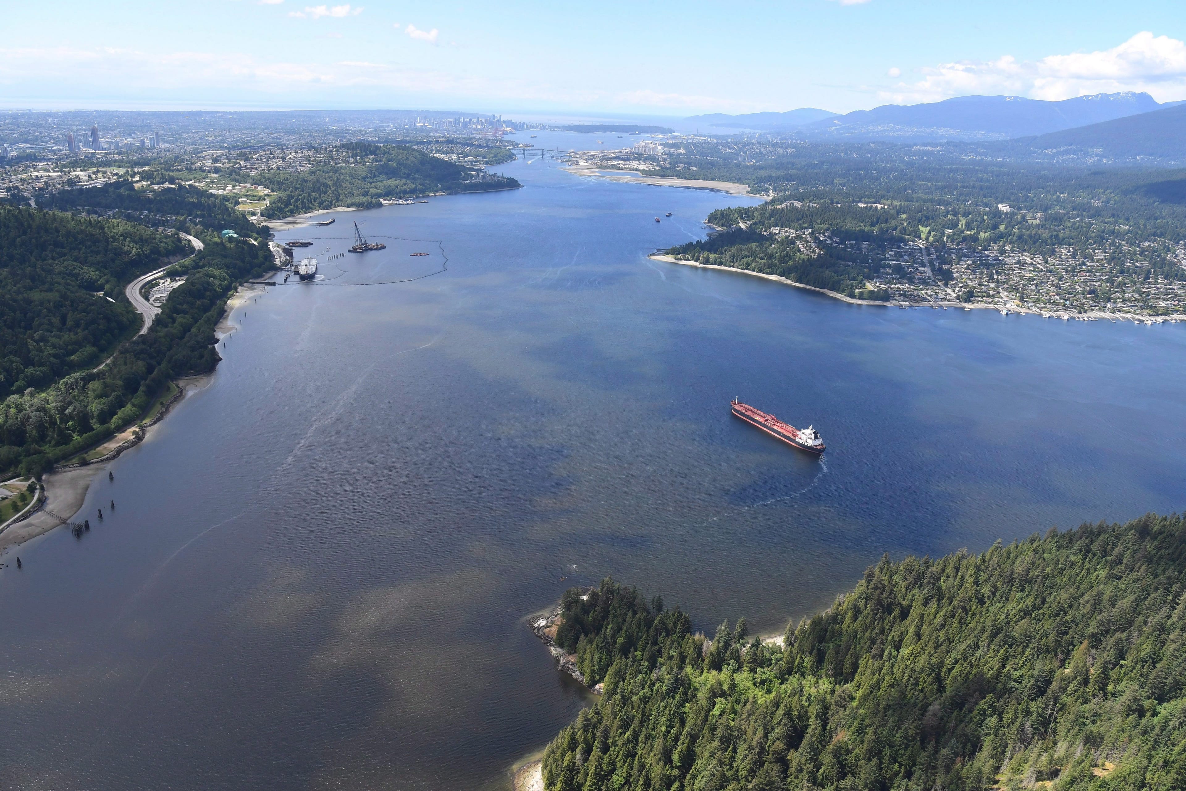 An aerial view of a tanker in Burrard Inlet in Burnaby, B.C., is shown on Tuesday, May 29, 2018. (Jonathan Hayward/CP)