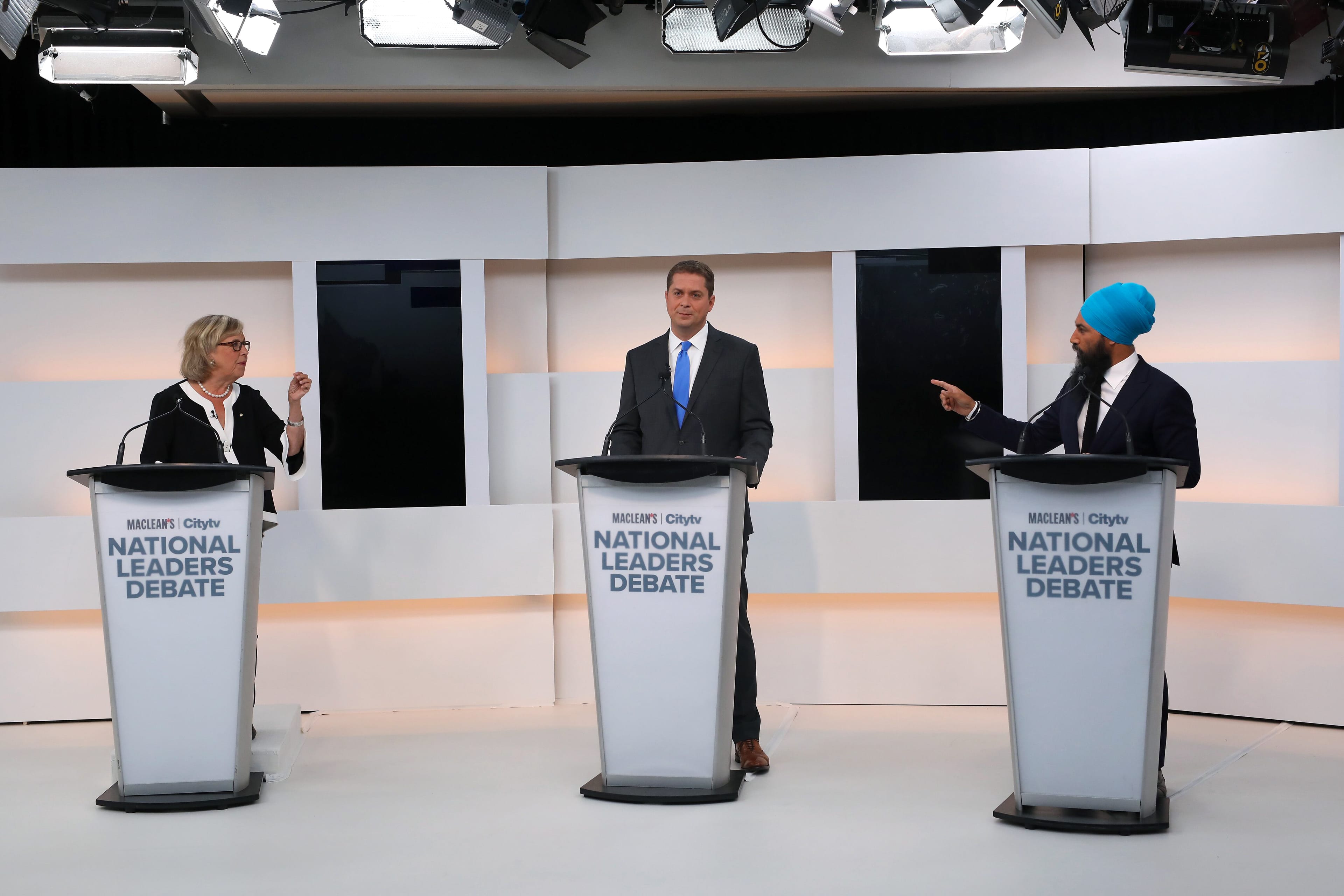 Maclean’s and Citytv Federal Leaders Debate in Toronto, featuring Elizabeth May, Jagmeet Singh, and Andrew Scheer. (Photograph by Cole Burston)
