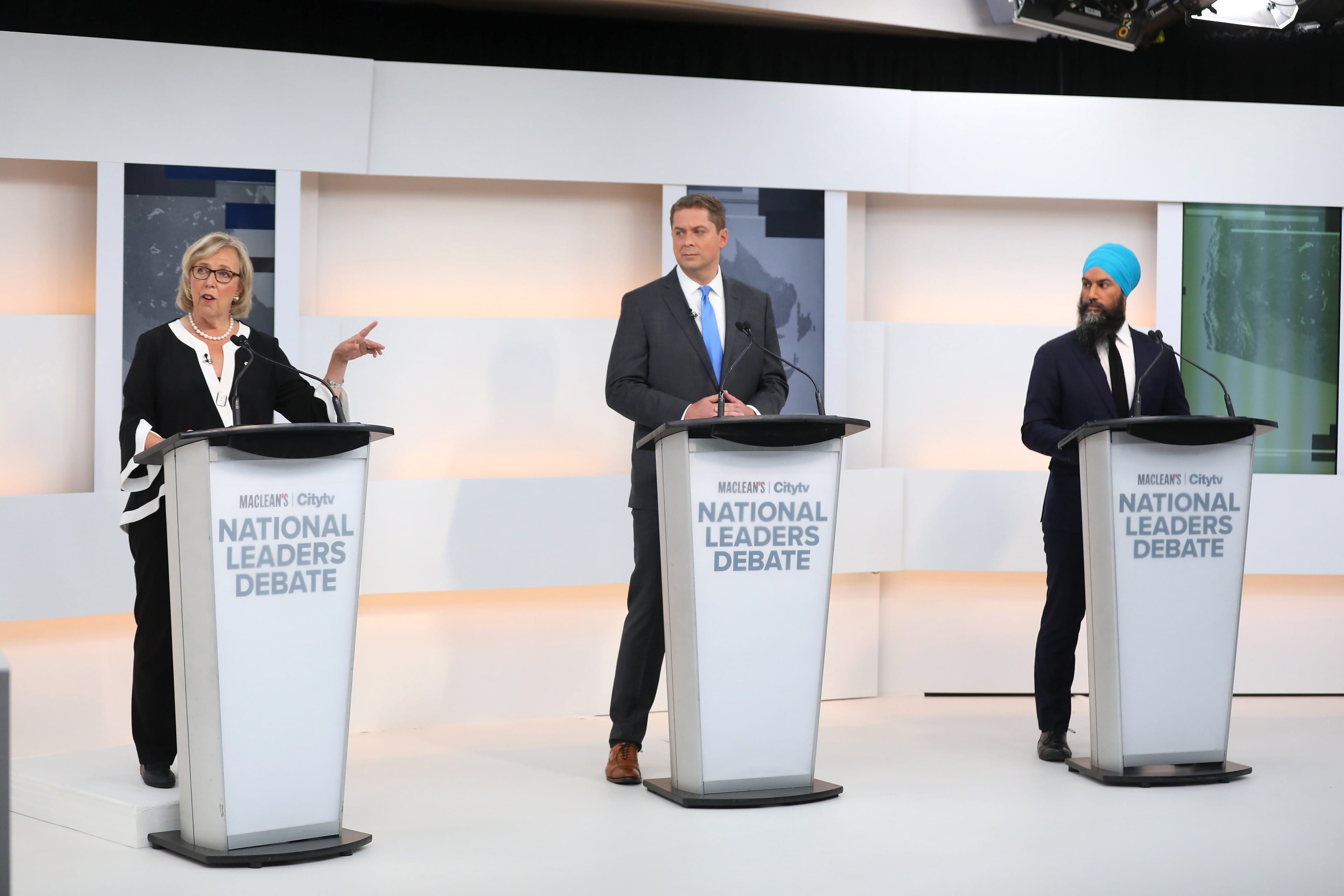 When Elizabeth May, Andrew Scheer and Jagmeet Singh got going on foreign policy, the results weren't pretty (Photograph by Cole Burston)