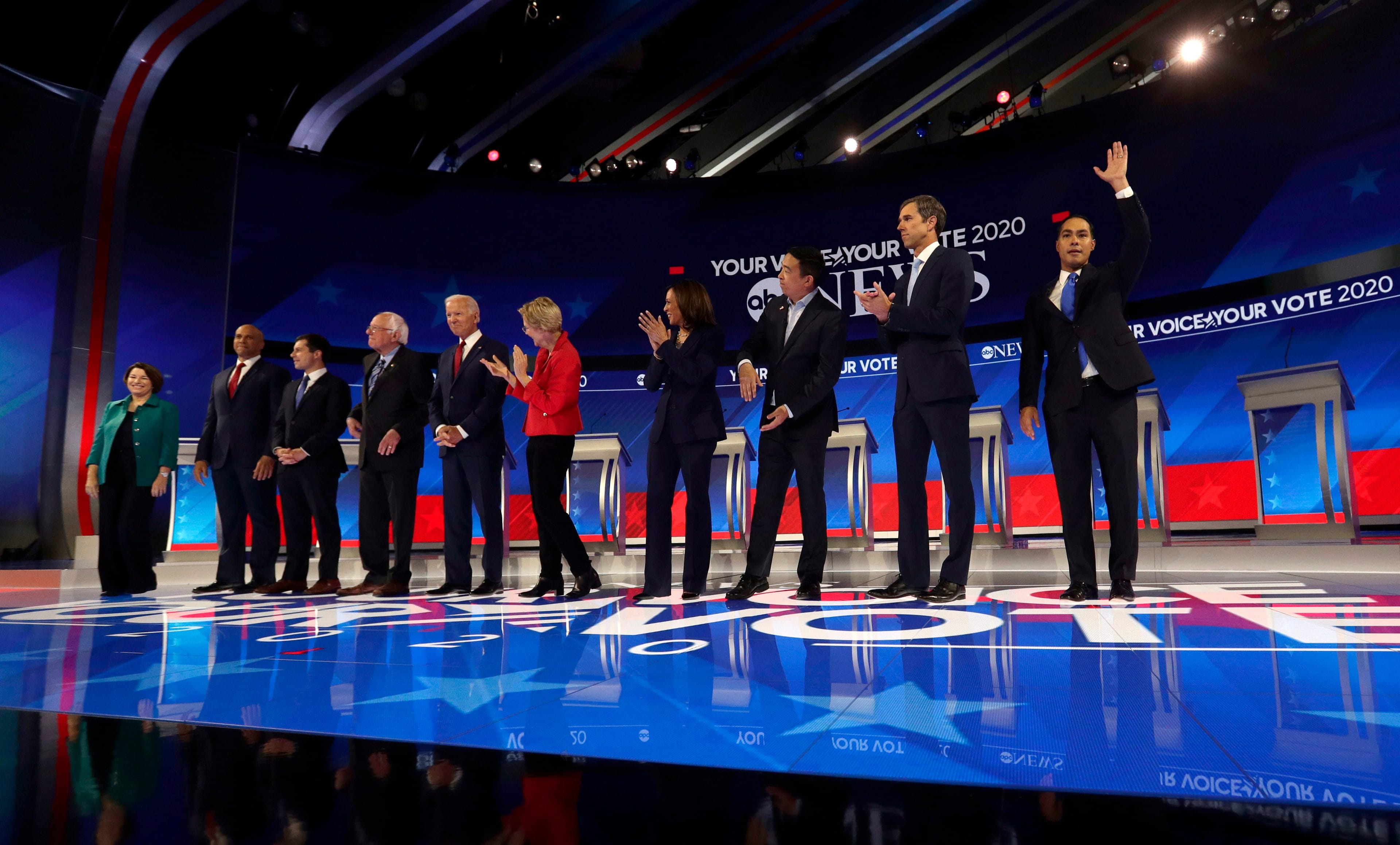 From left, Democratic presidential candidates Sen. Amy Klobuchar, D-Minn., Sen. Cory Booker, D-N.J., South Bend Mayor Pete Buttigieg, Sen. Bernie Sanders, I-Vt., former Vice President Joe Biden, Sen. Elizabeth Warren, D-Mass., Sen. Kamala Harris, D-Calif., entrepreneur Andrew Yang, former Texas Rep. Beto O'Rourke and former Housing Secretary Julian Castro are introduced for the Democratic presidential primary debate hosted by ABC on the campus of Texas Southern University Thursday, Sept. 12, 2019, in Houston. (AP Photo/Eric Gay)