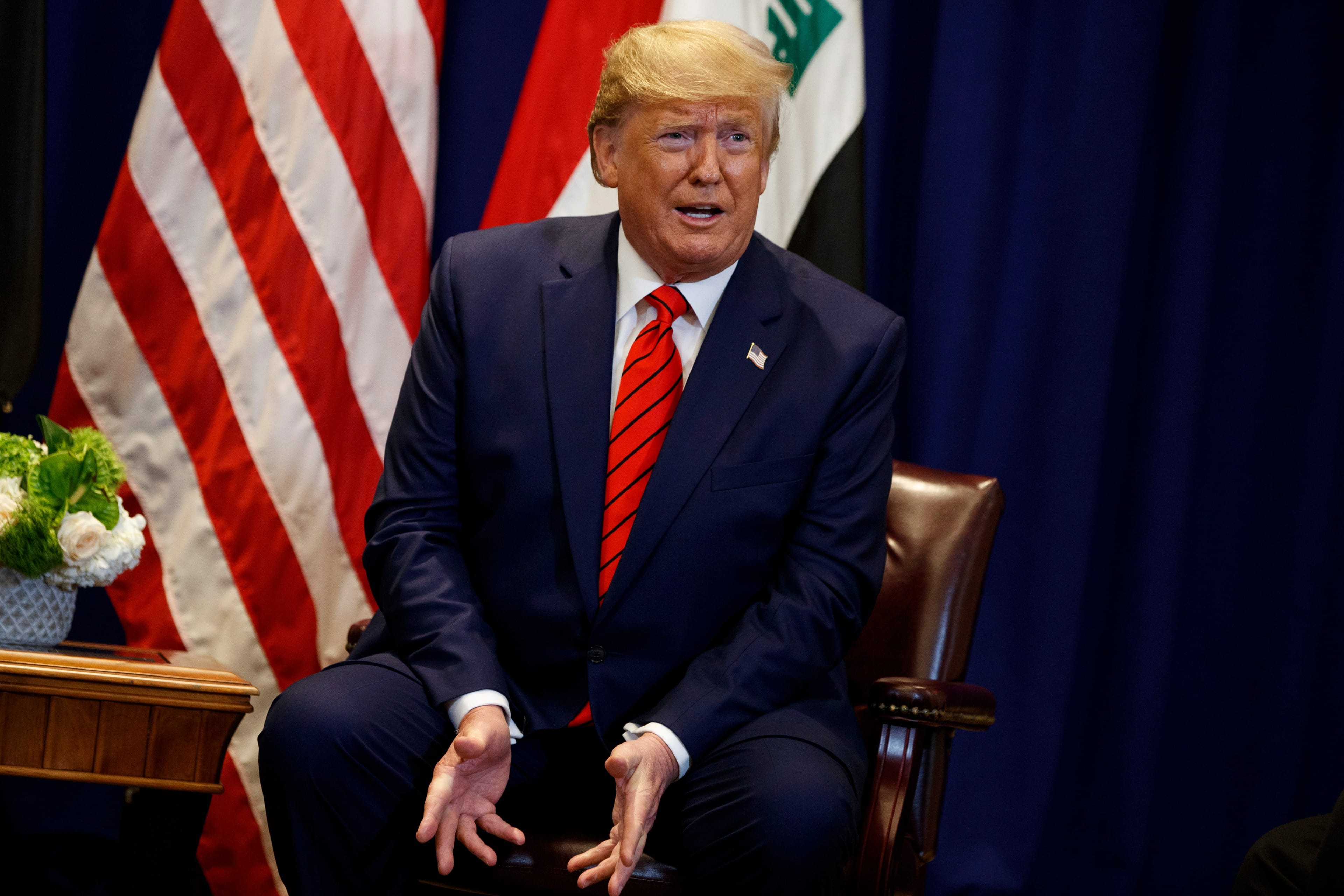 President Donald Trump speaks during a meeting with Iraqi President Barham Salih at the Lotte New York Palace hotel during the United Nations General Assembly, Tuesday, Sept. 24, 2019, in New York. (AP Photo/Evan Vucci)