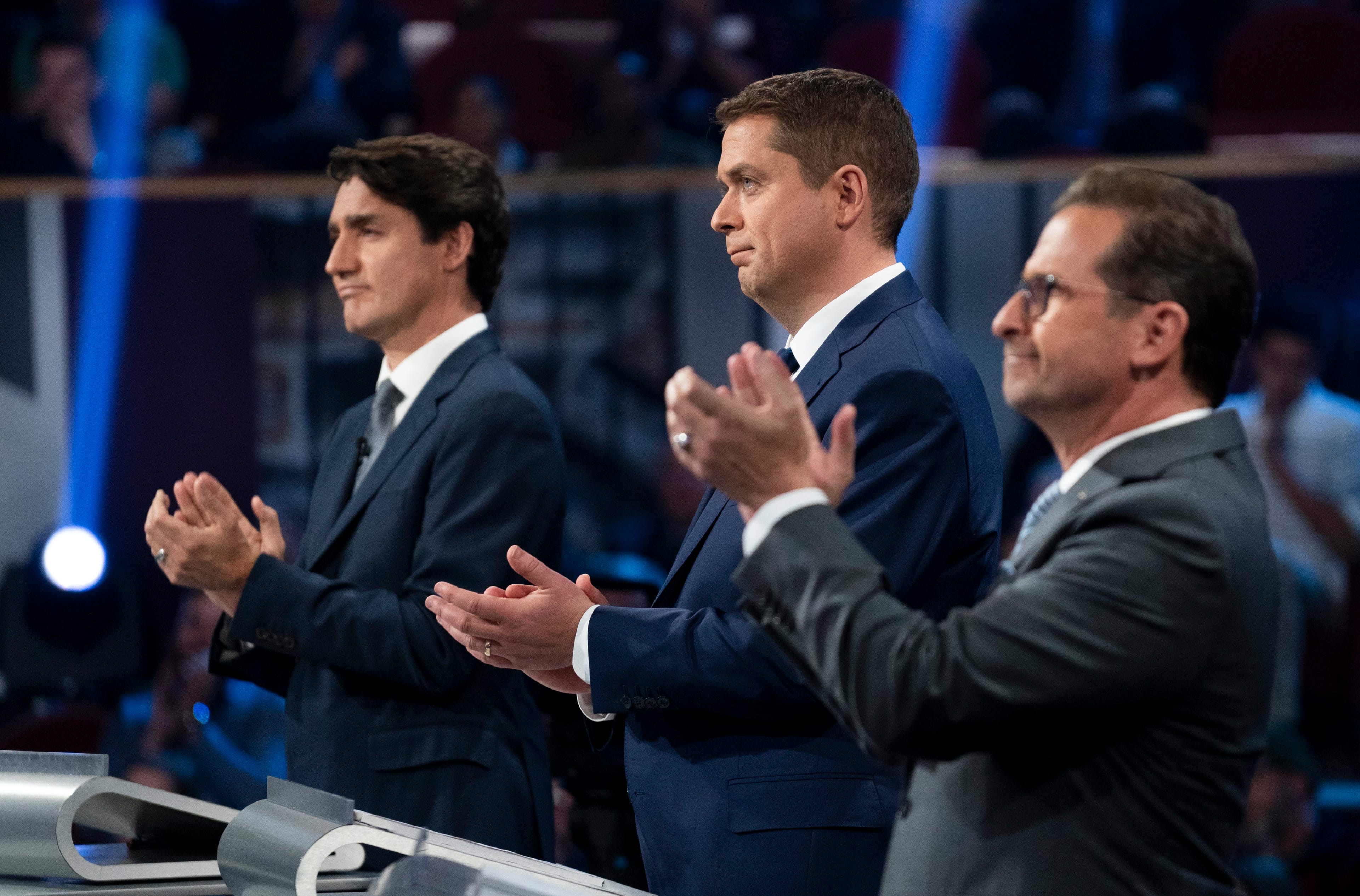Trudeau, Scheer and Blanchet take part in the the federal leaders French language debate in Gatineau, Que., on Oct. 10, 2019 (THE CANADIAN PRESS/Chris Wattie)