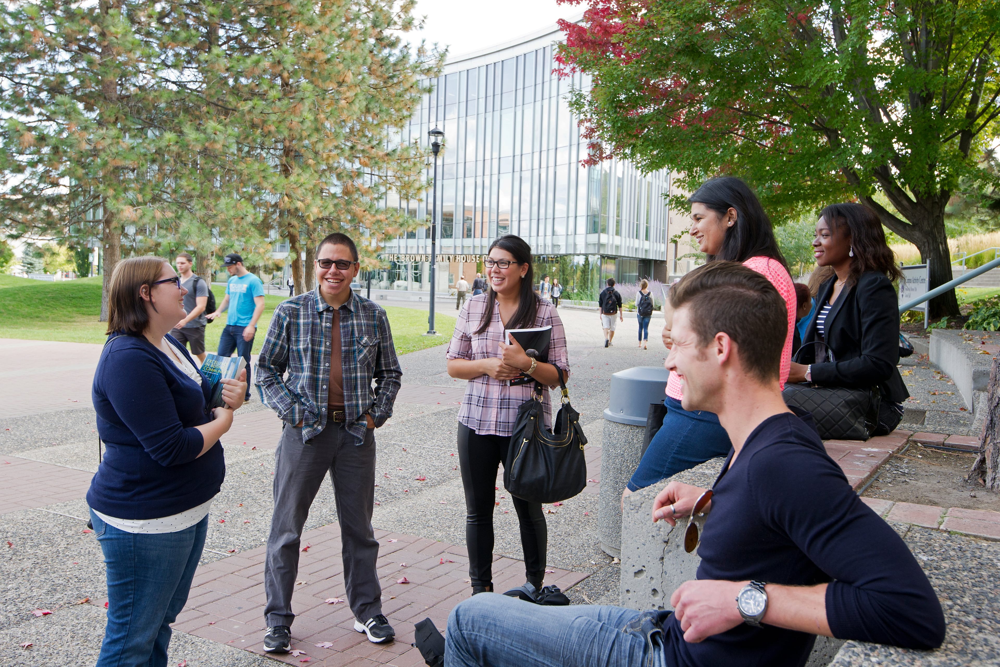 Thompson Rivers students chatting outside the Brown Family House of Learning