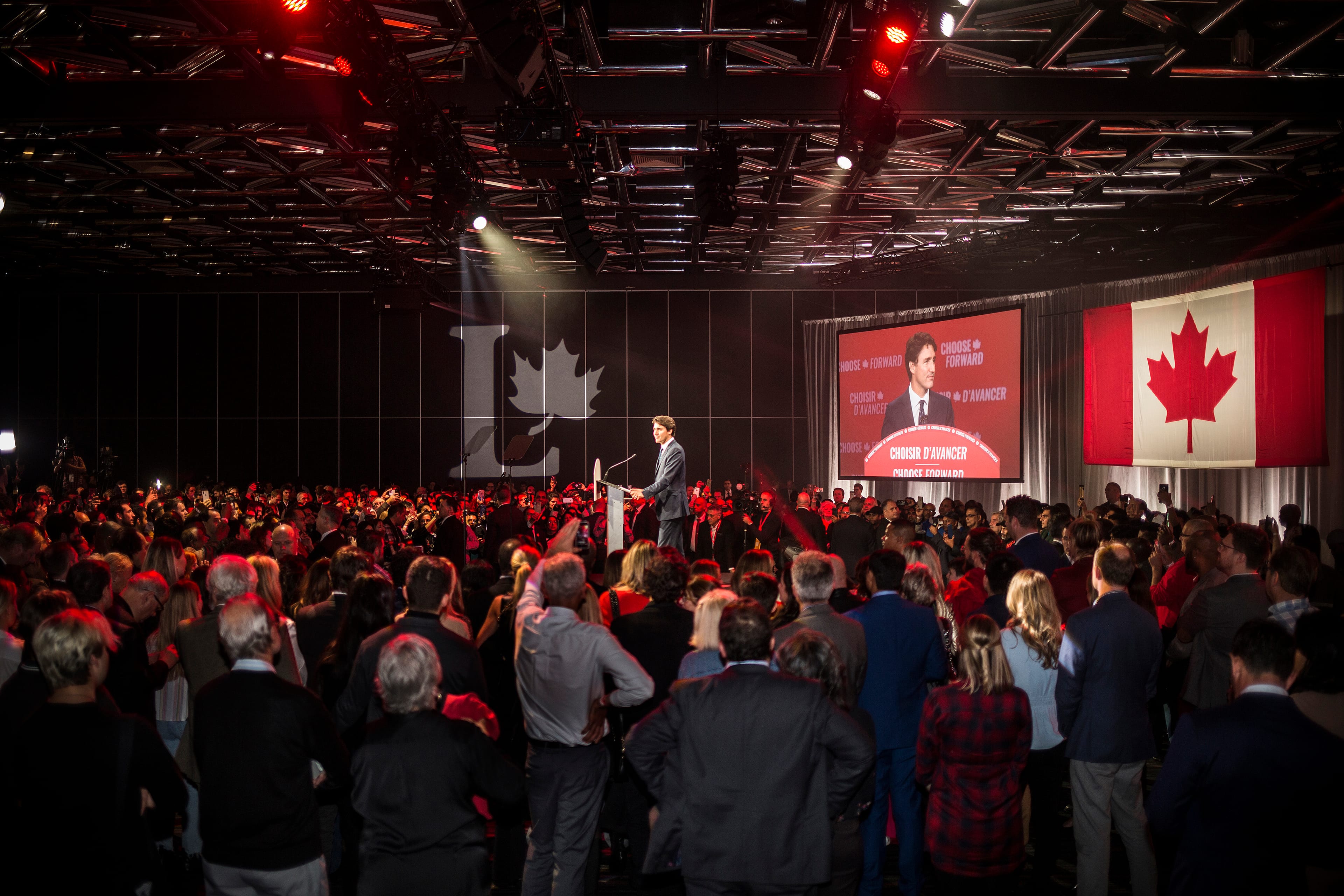 Trudeau speaks after the election win in Montreal on Oct. 22, 2019 (Photograph by Roger Lemoyne)
