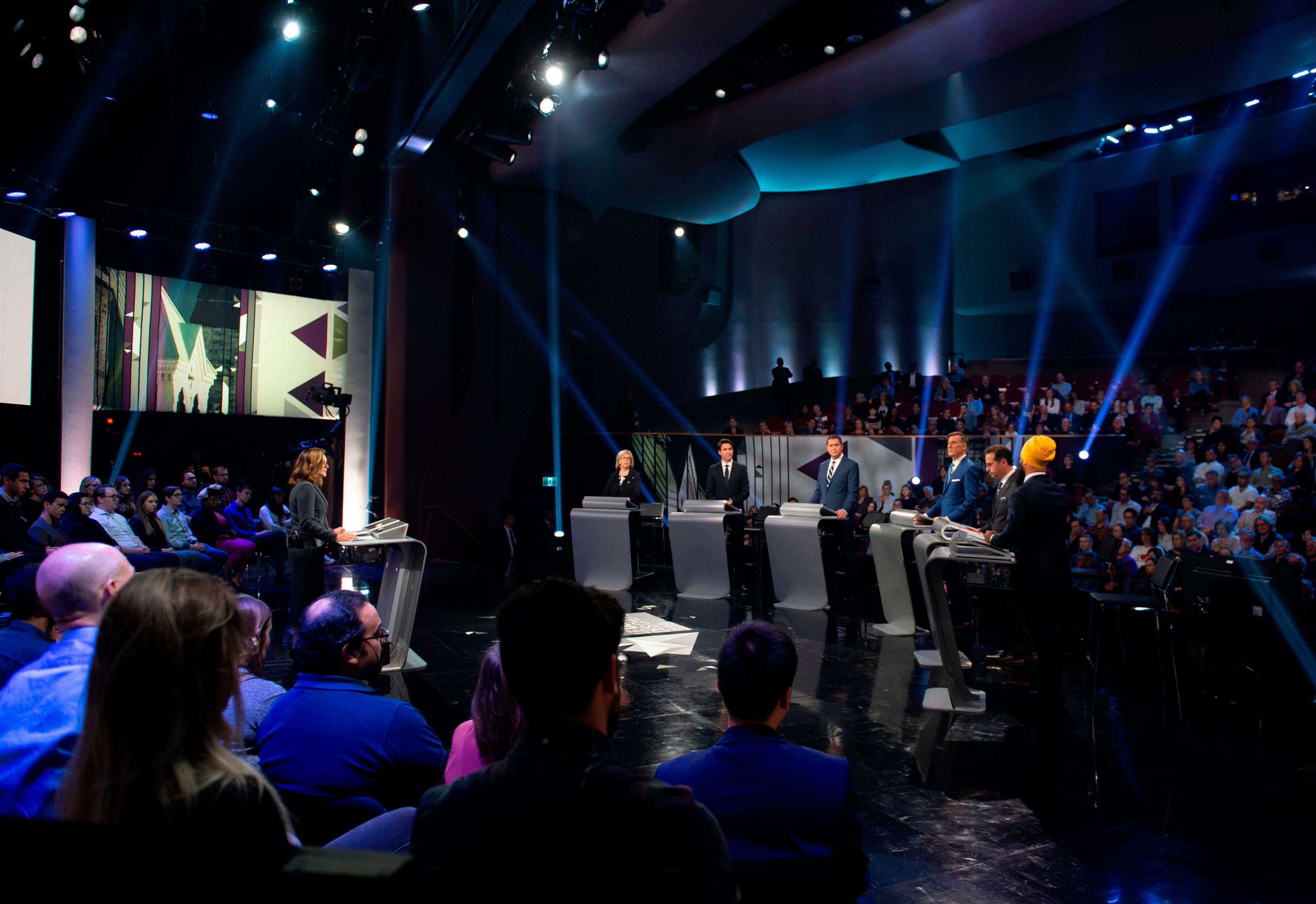 May, Trudeau, Scheer, Bernier, Blanchet and Singh at the Federal Leaders Debate on Oct. 7, 2019 (Justin Tang /AFP/Getty Images)