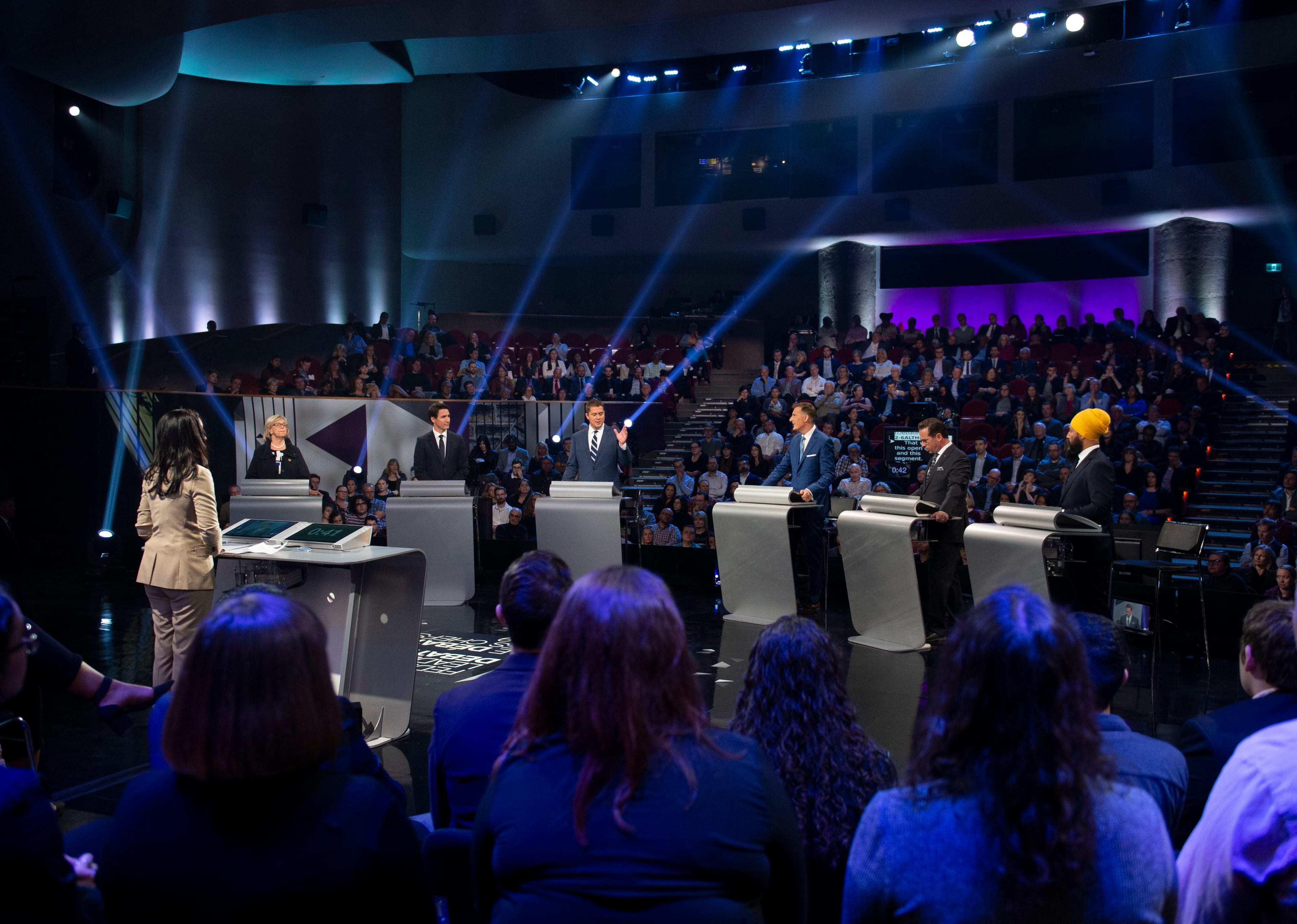 May, Trudeau, Scheer, Bernier, Blanchet and Singh at the Federal Leaders Debate on Oct. 7, 2019 (Sean Kilpatrick/CP)