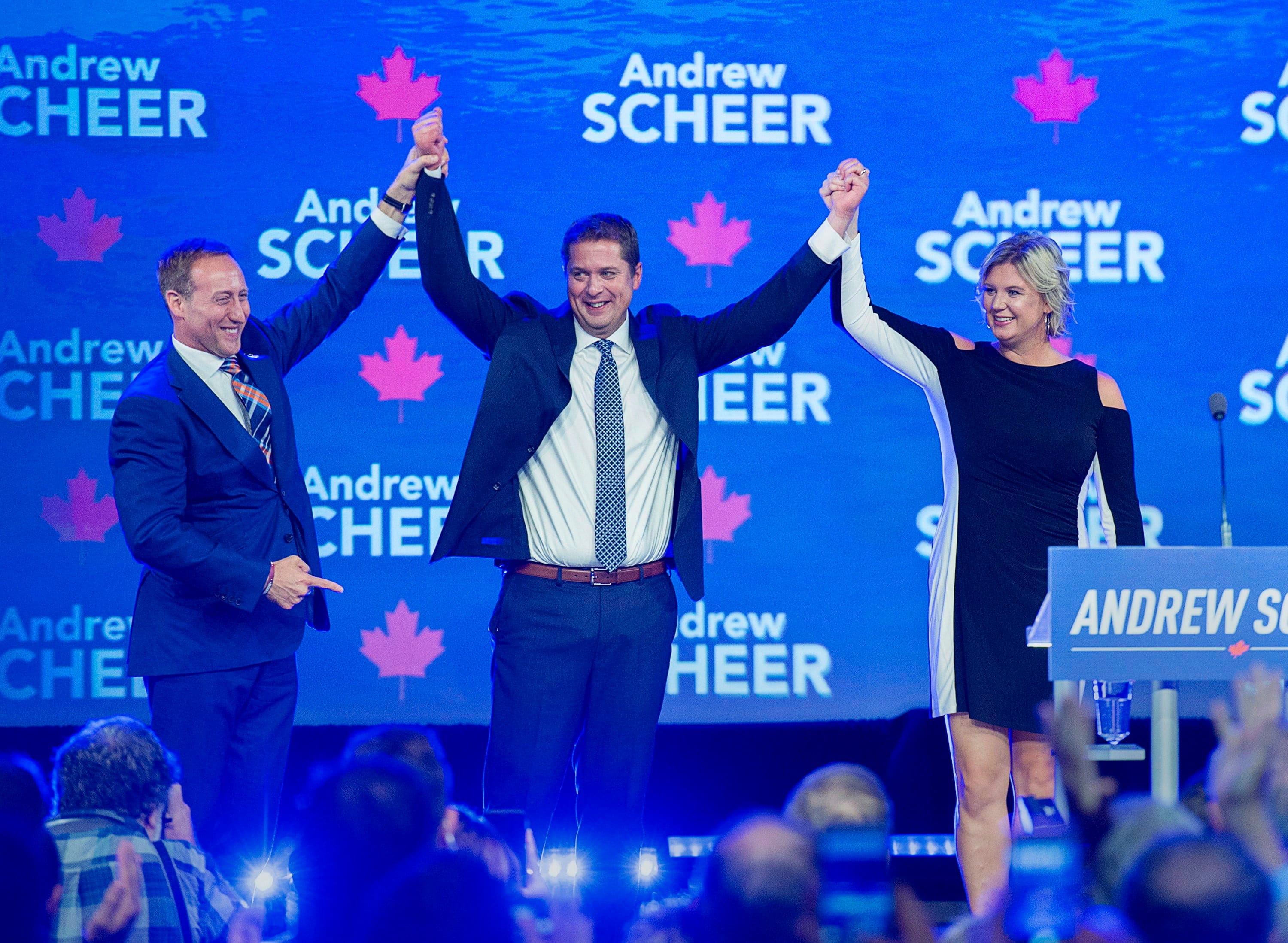 Conservative Party of Canada Leader Andrew Scheer is introduced by former Conservative cabinet minister Peter MacKay at the party's national policy convention in Halifax on Friday, Aug. 24, 2018. (Andrew Vaughan/CP)