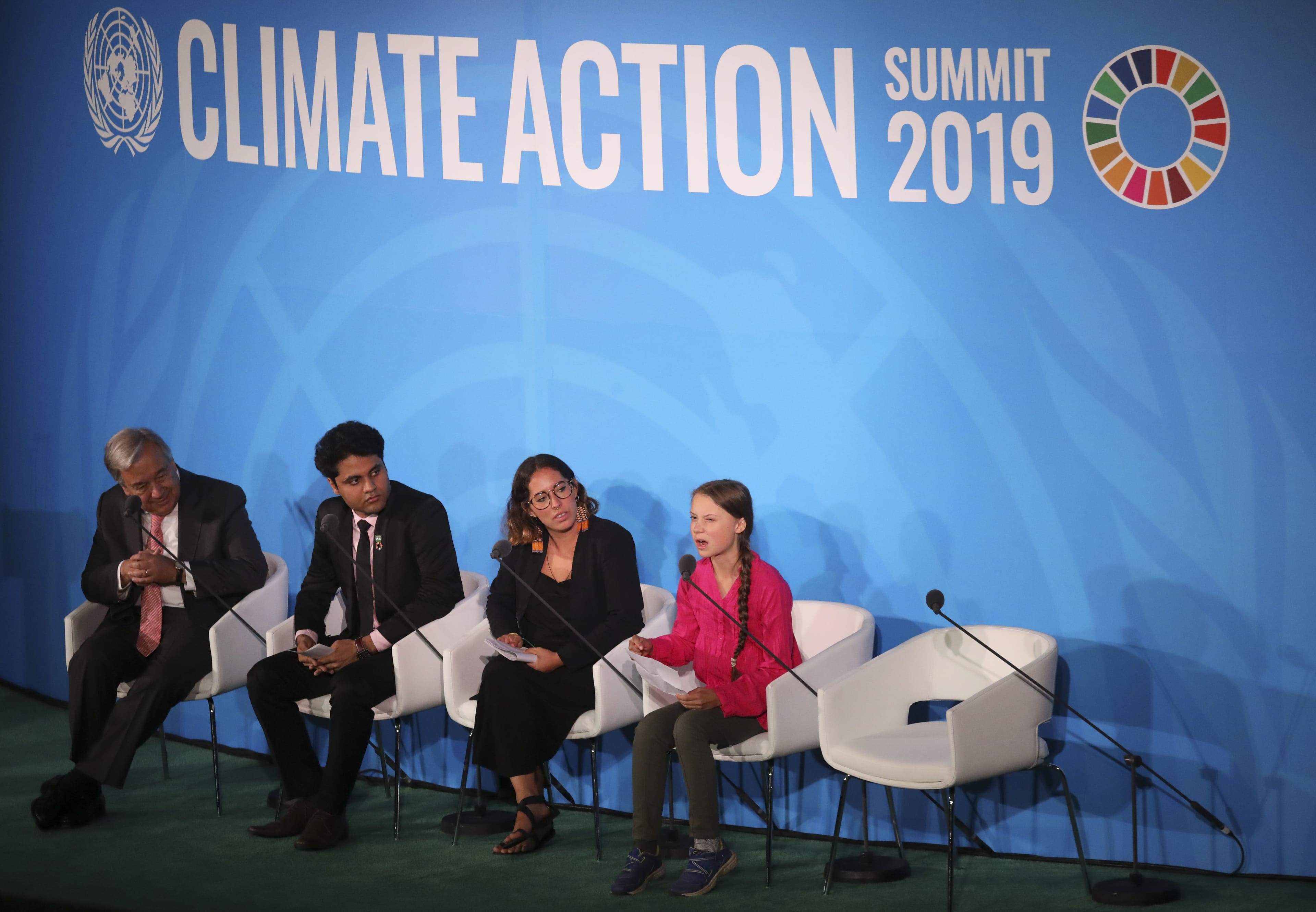 Youth Climate activist Greta Thunberg (R) speaks during the UN Climate Action Summit on Sept. 23, 2019 at the United Nations Headquarters in New York City. (LUDOVIC MARIN/AFP/Getty Images)