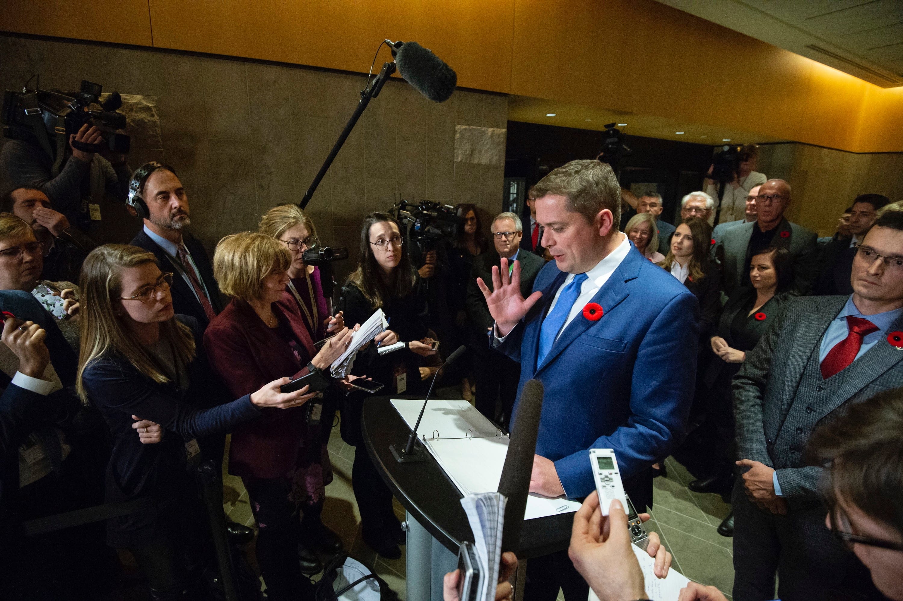 Conservative leader Andrew Scheer speaks to reporters following a caucus meeting on Parliament Hill in Ottawa, on Wednesday, Nov. 6, 2019. (Justin Tang/CP)