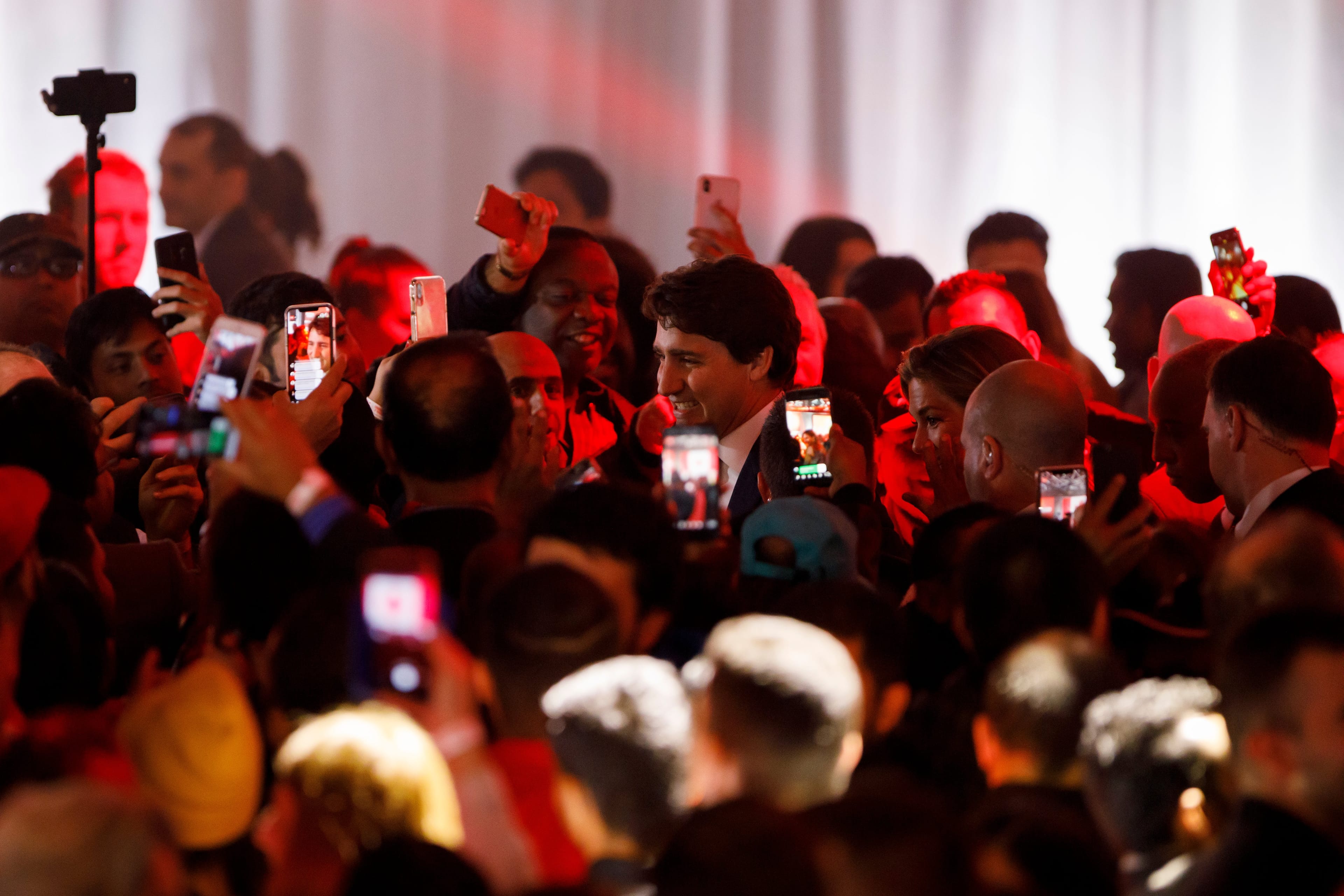 Trudeau walks through supporters after delivering his victory speech at his election night headquarters on Oct. 21, 2019 in Montreal (Cole Burston/Getty Images)
