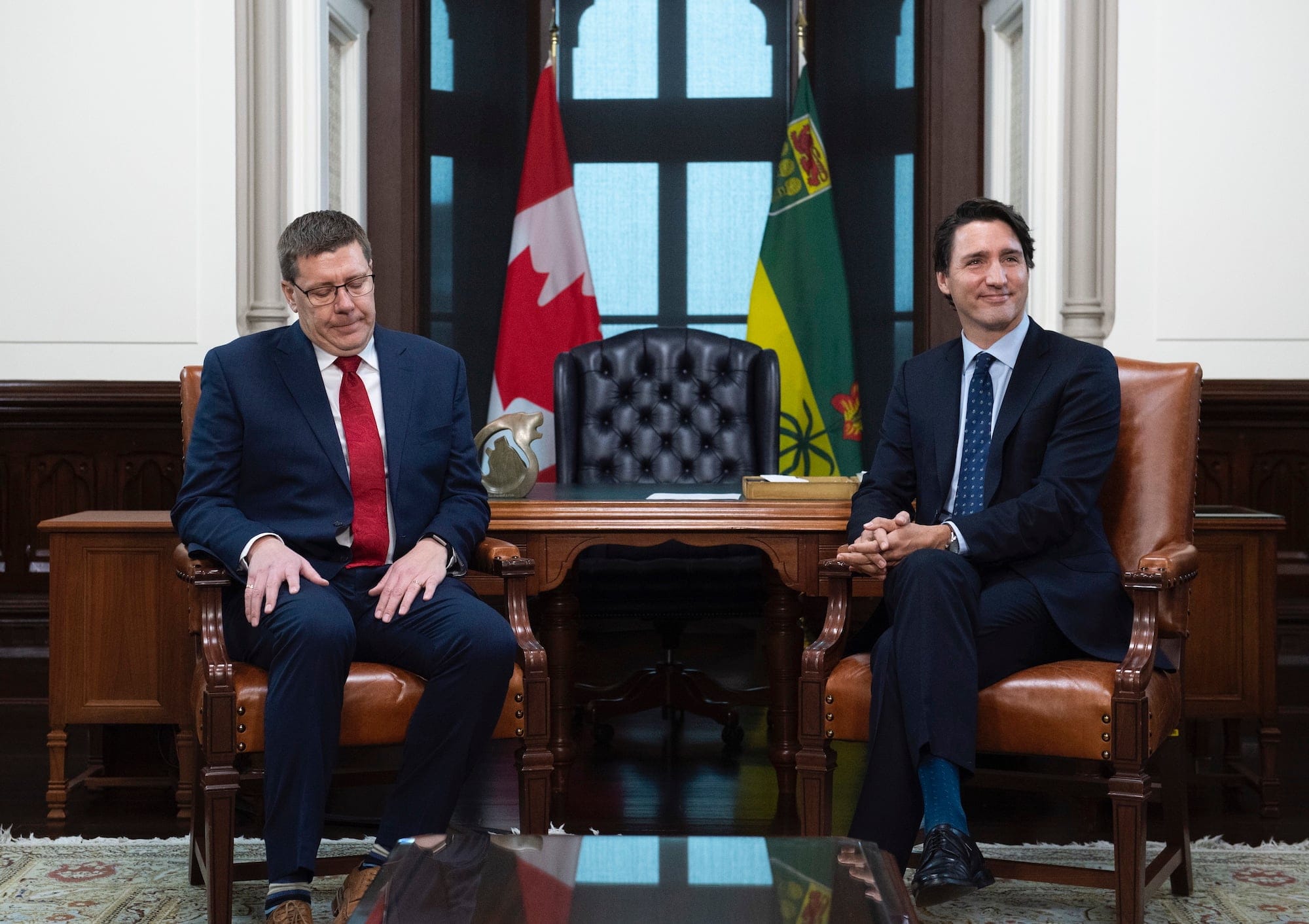 Prime Minister Justin Trudeau and Premier of Saskatchewan Scott Moe wait for media to leave the office after a photo op on Parliament Hill in Ottawa, on Tuesday, Nov. 12, 2019. THE CANADIAN PRESS/Justin Tang