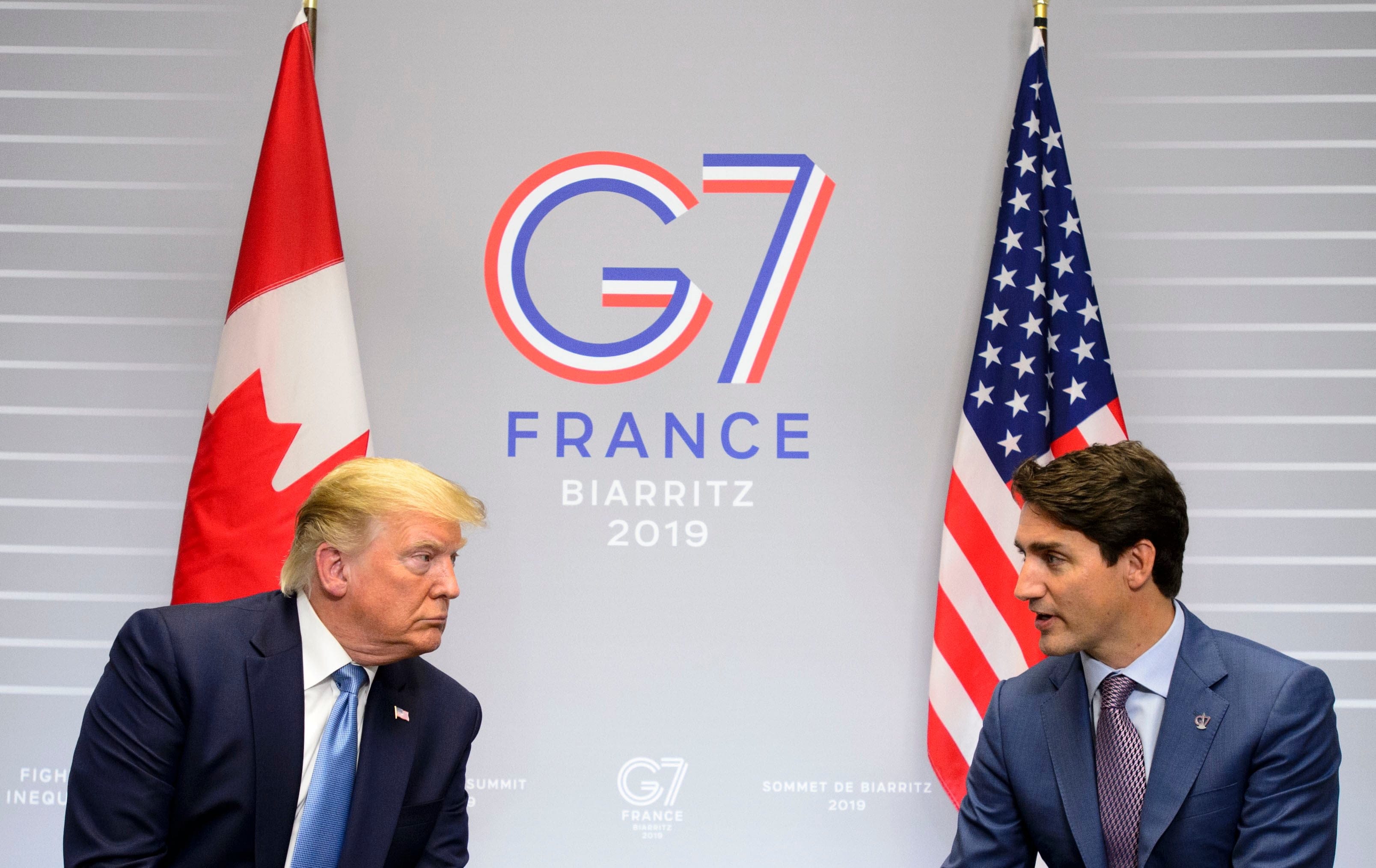 Prime Minister Justin Trudeau takes part in a bilateral meeting with U.S. President Donald Trump during the G7 Summit in Biarritz, France on Sunday, Aug 25, 2019. (Sean Kilpatrick/CP)