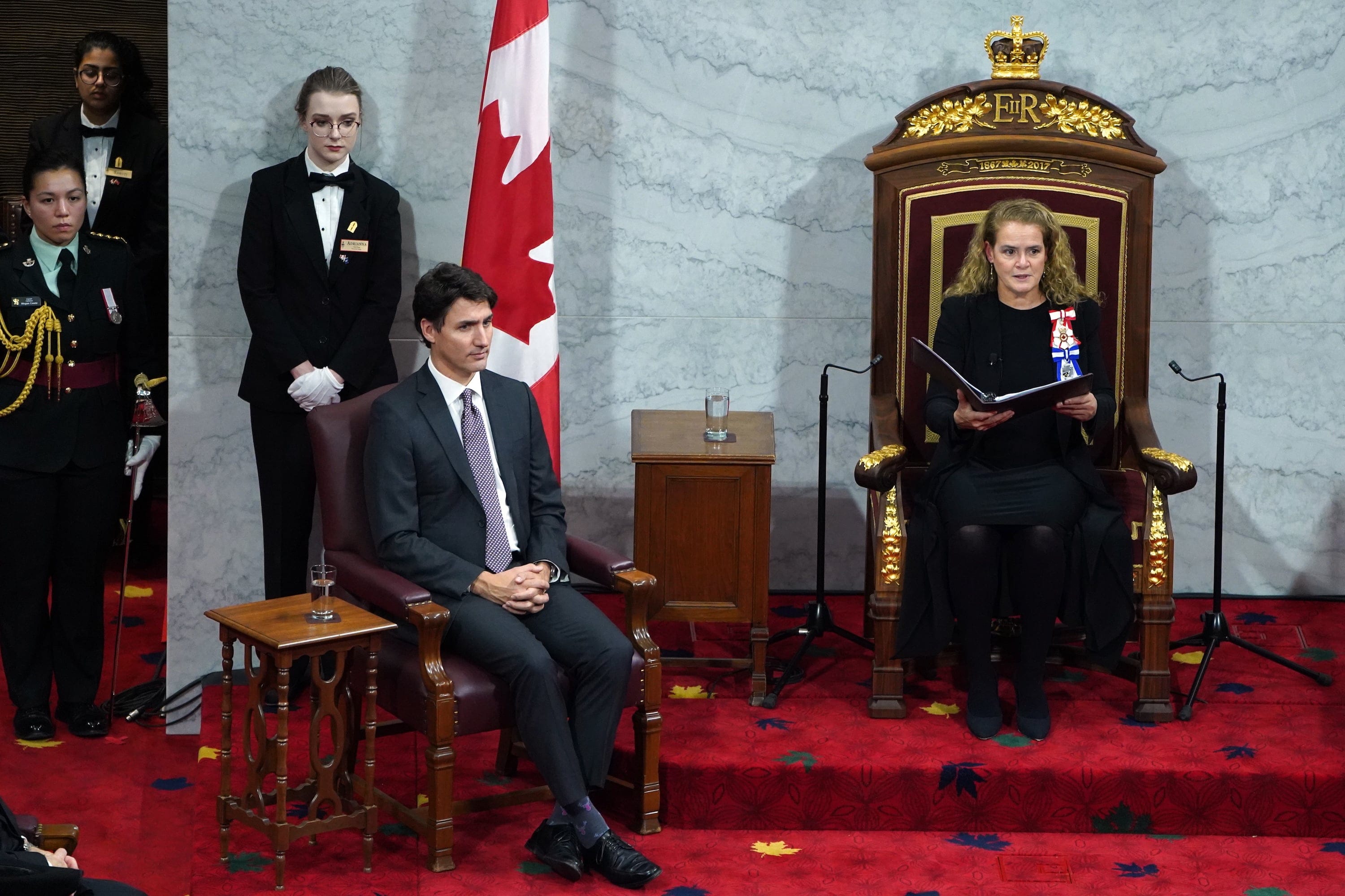Governor General Julie Payette delivers the Throne Speech as Prime Minister Justin Trudeau listens in the Senate chamber in Ottawa on Thursday, December 5, 2019. THE CANADIAN PRESS/Chris Wattie