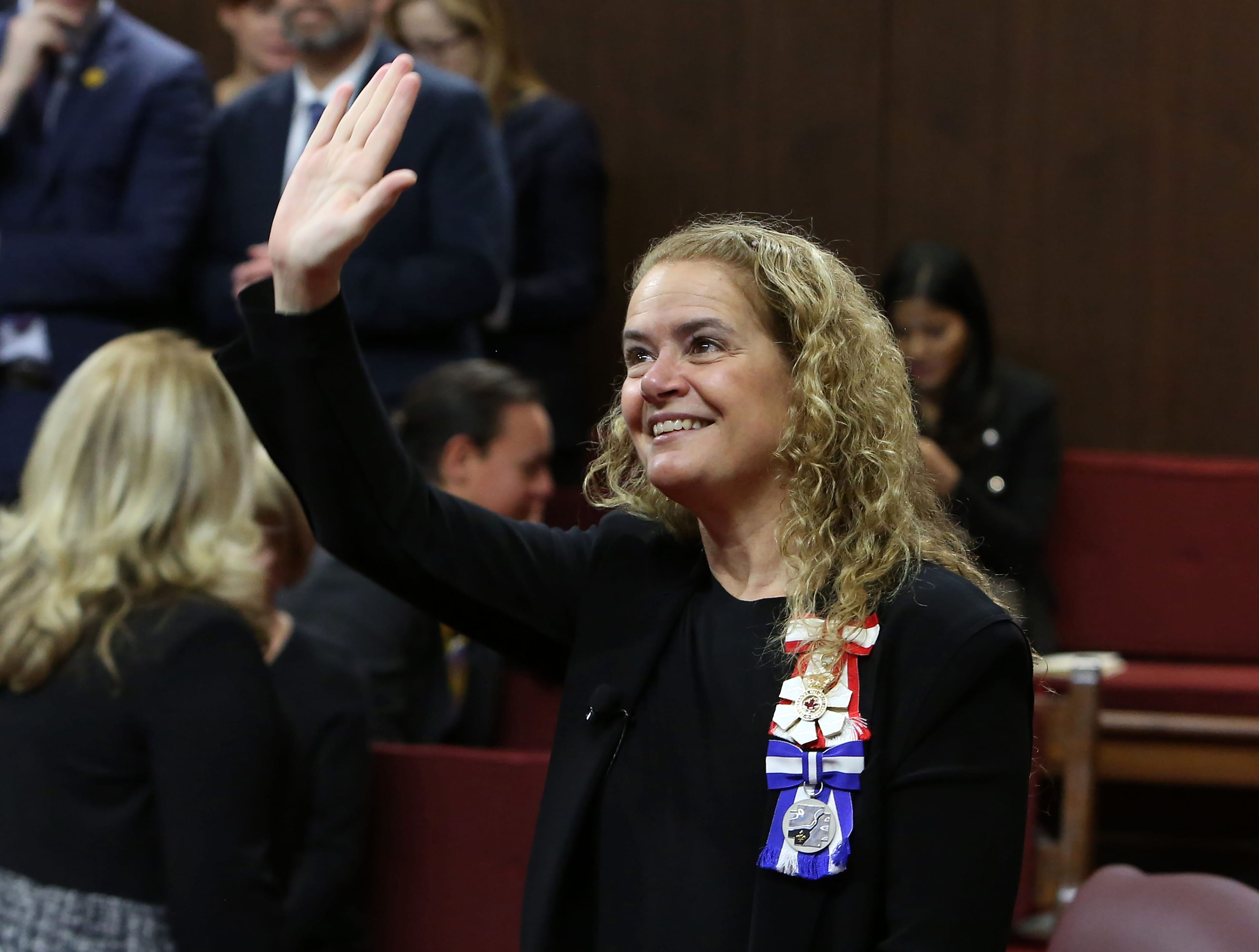Governor General Julie Payette waves to the gallery as she waits to deliver the Throne Speech in the Senate chamber, on December 5, 2019 in Ottawa. (Photo by Fred Chartrand / POOL / AFP) (Photo by FRED CHARTRAND/POOL/AFP via Getty Images)