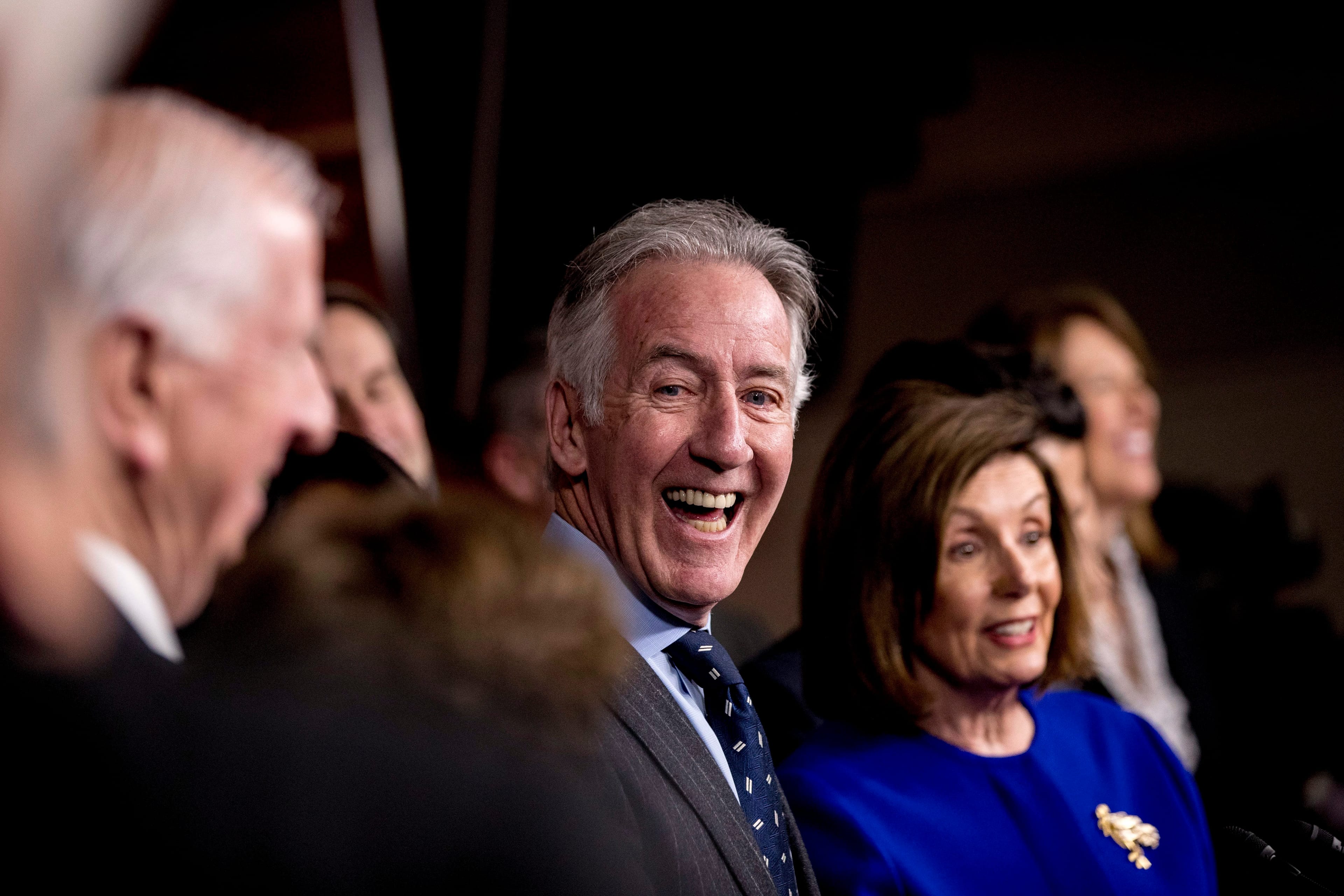 House Speaker Nancy Pelosi of Calif., right, accompanied by Chairman of the House Ways and Means Committee Richard Neal, D-Mass., center, and other House members, speaks at a news conference to discuss the United States Mexico Canada Agreement (USMCA) trade agreement, Tuesday, Dec. 10, 2019, on Capitol Hill in Washington. (Andrew Harnik/AP)