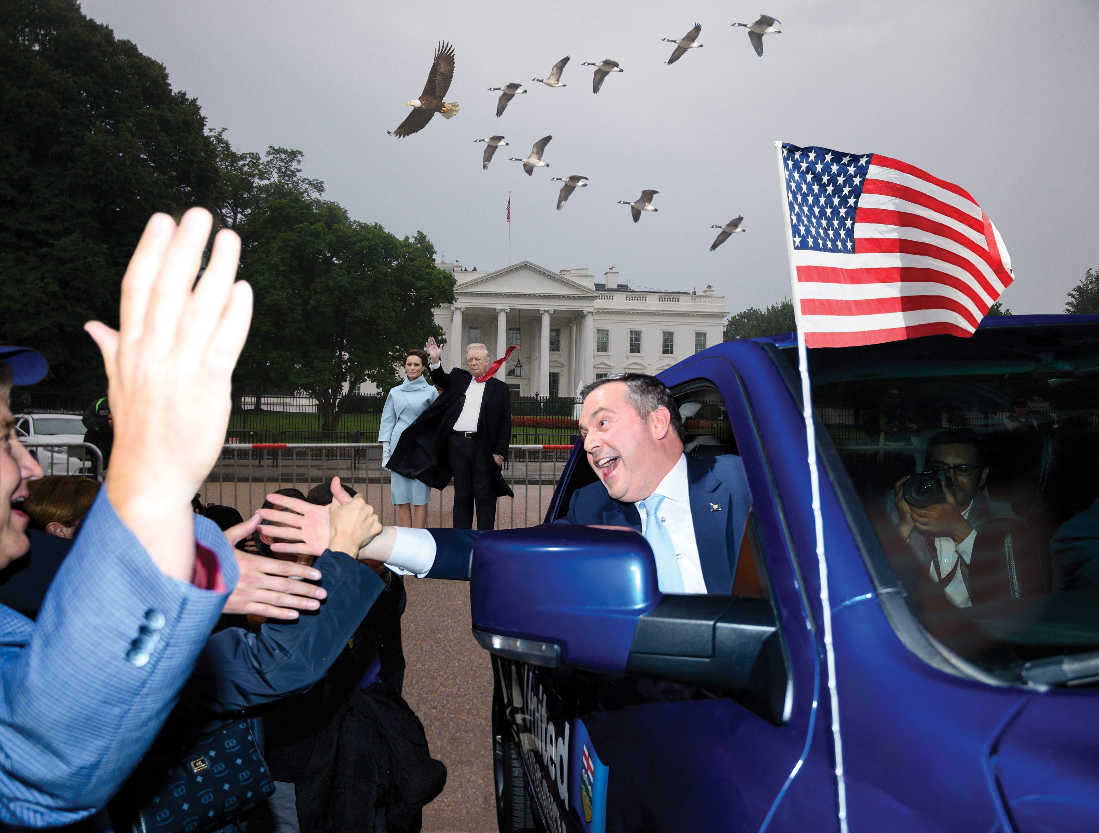 U.S.A.! U.S.A.! After a gruelling and bitter Wexit battle, Alberta votes to separate from Canada and 
is embraced by an energy-hungry America as its 51st state—led by Governor Jason Kenney. (Photo illustration by Liz Sullivan and Drew Maynard)