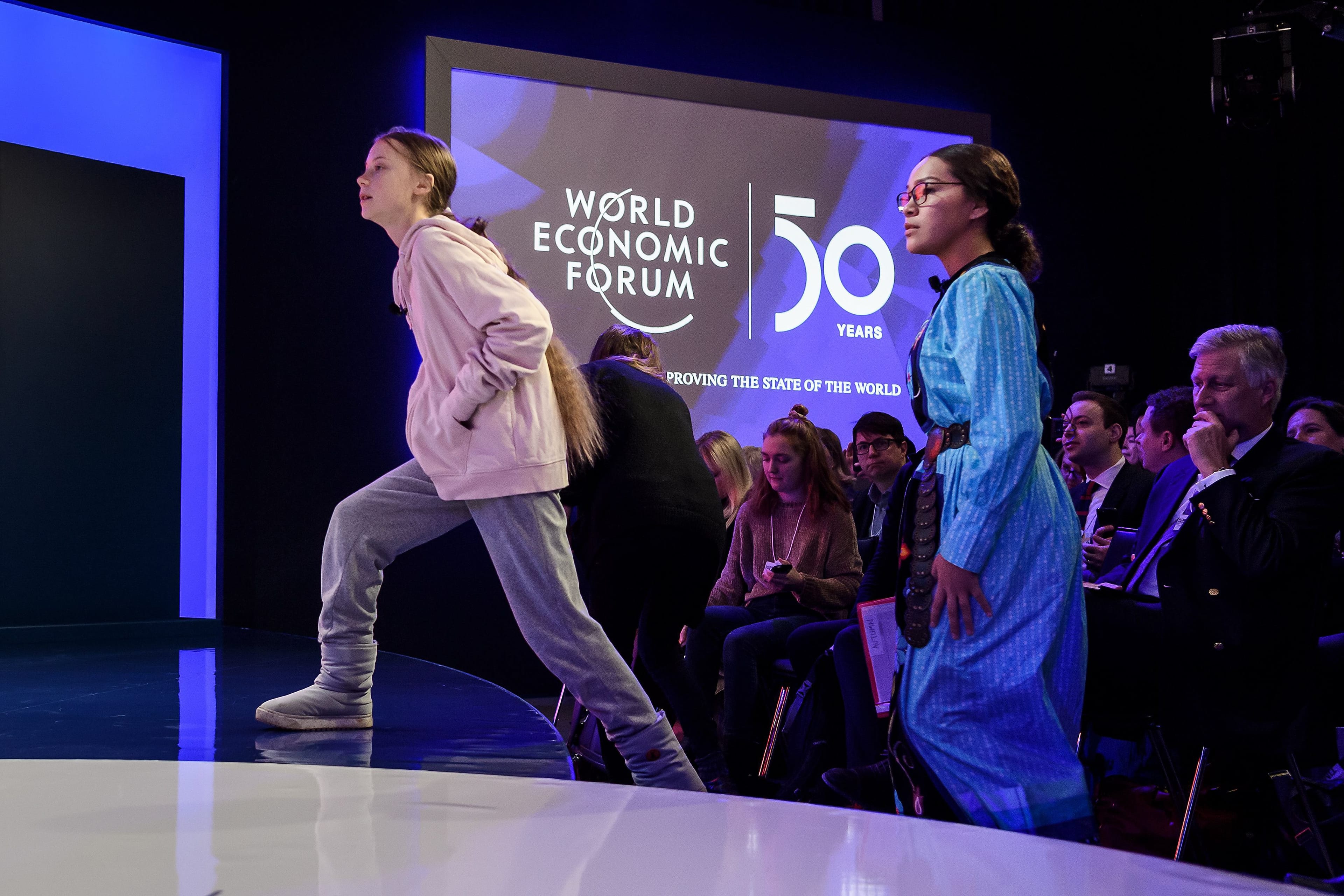 Thunberg, accompanied by Indigenous activist Autumn Peltier, takes the stage at the World Economic Forum (Frabrice Coffrini/AFP/Getty Images)