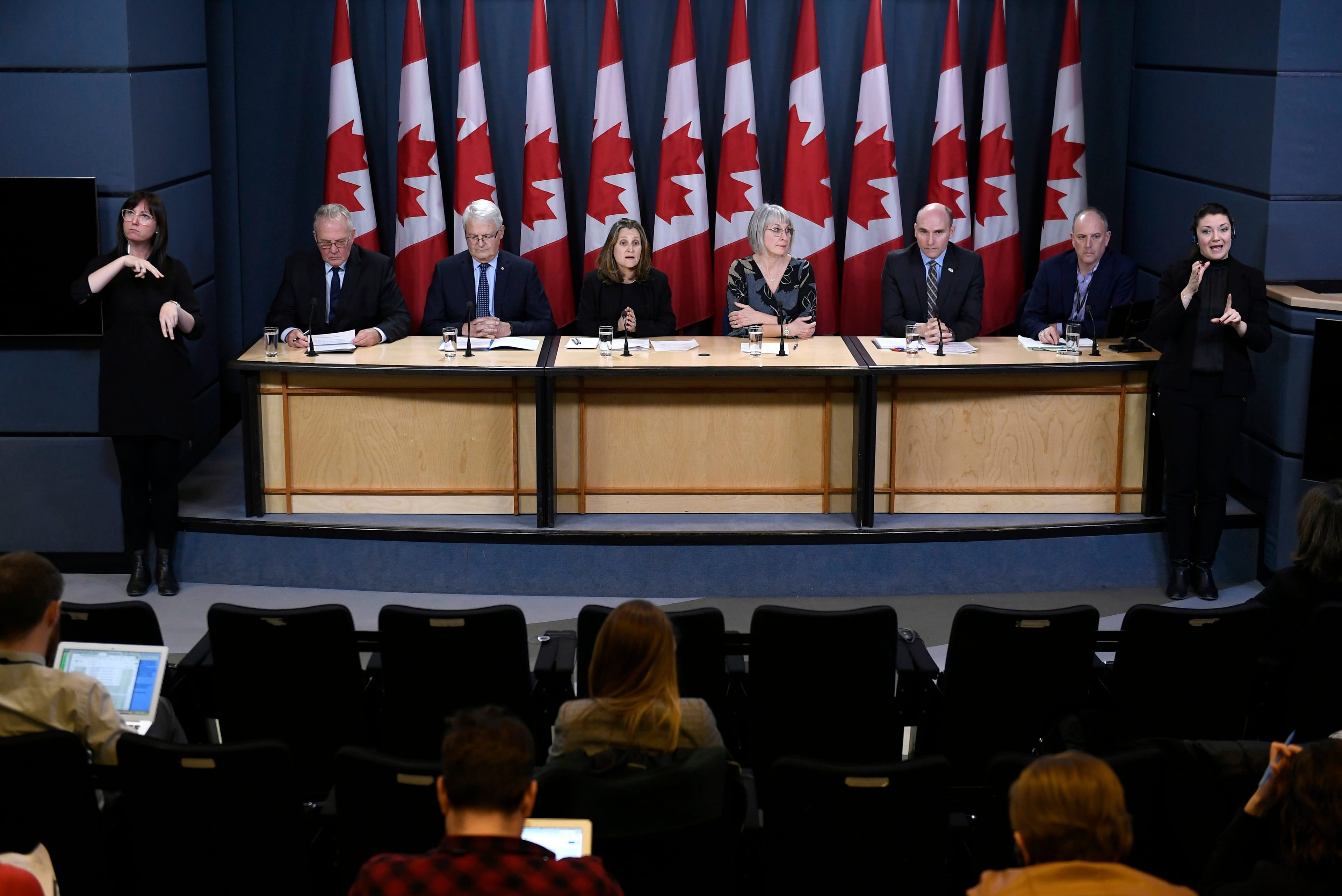 Cabinet ministers  participate in a press conference on COVID-19 at the National Press Theatre in Ottawa, on March 16, 2020 (CP/Justin Tang)