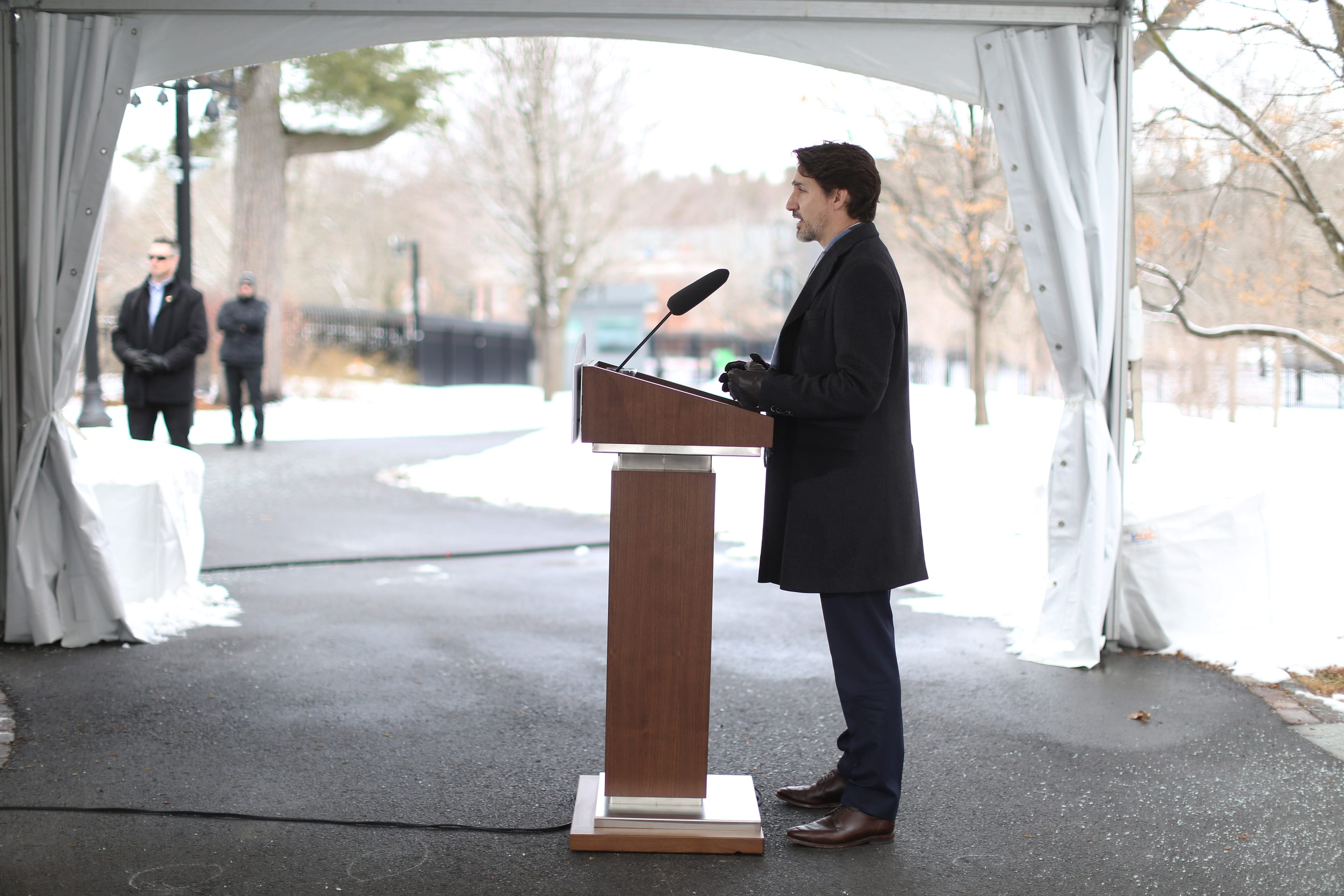 Canadian Prime Minister Justin Trudeau speaks during a news conference on COVID-19 situation in Canada from his residence March 24, 2020 in Ottawa, Canada. - Bombardier said March 24 it will halt its aircraft and trains assembly lines in Canada after Quebec and Ontario ordered all non-essential businesses shut to stem the coronavirus pandemic. (Photo by Dave Chan / AFP) (Photo by DAVE CHAN/AFP via Getty Images)