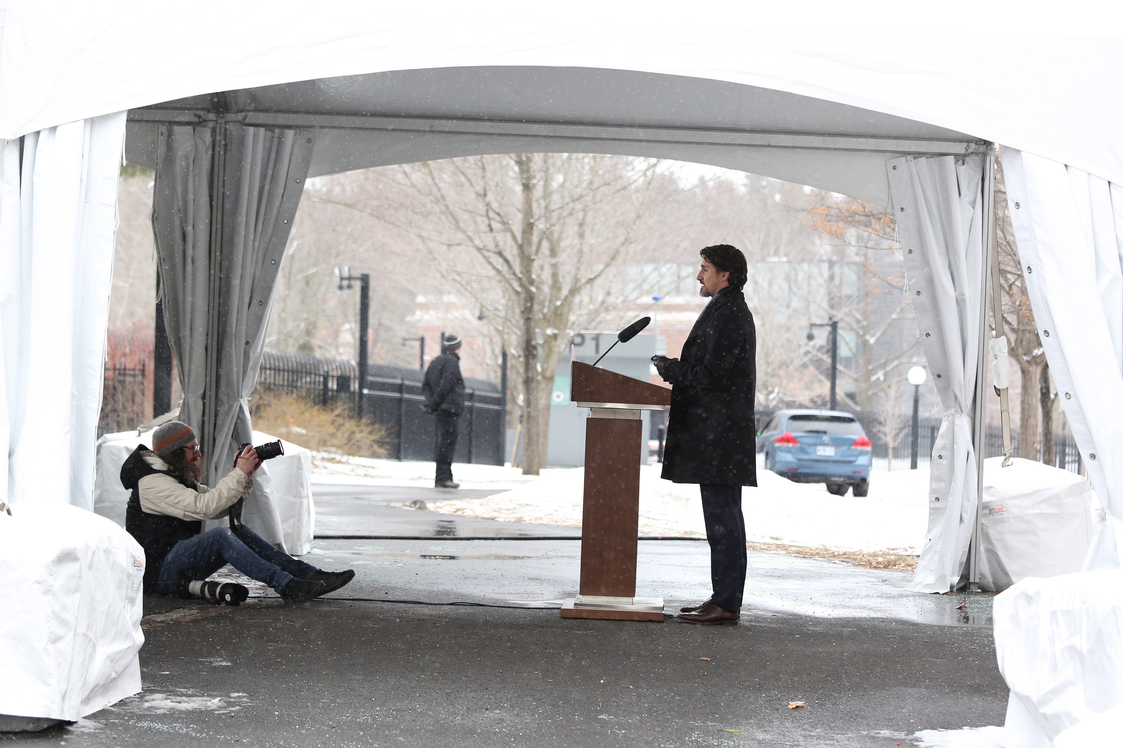 Canadian Prime Minister Justin Trudeau speaks during a news conference on COVID-19 situation in Canada from his residence March 23, 2020 in Ottawa, Canada. (Photo by Dave Chan / AFP) (Photo by DAVE CHAN/AFP via Getty Images)