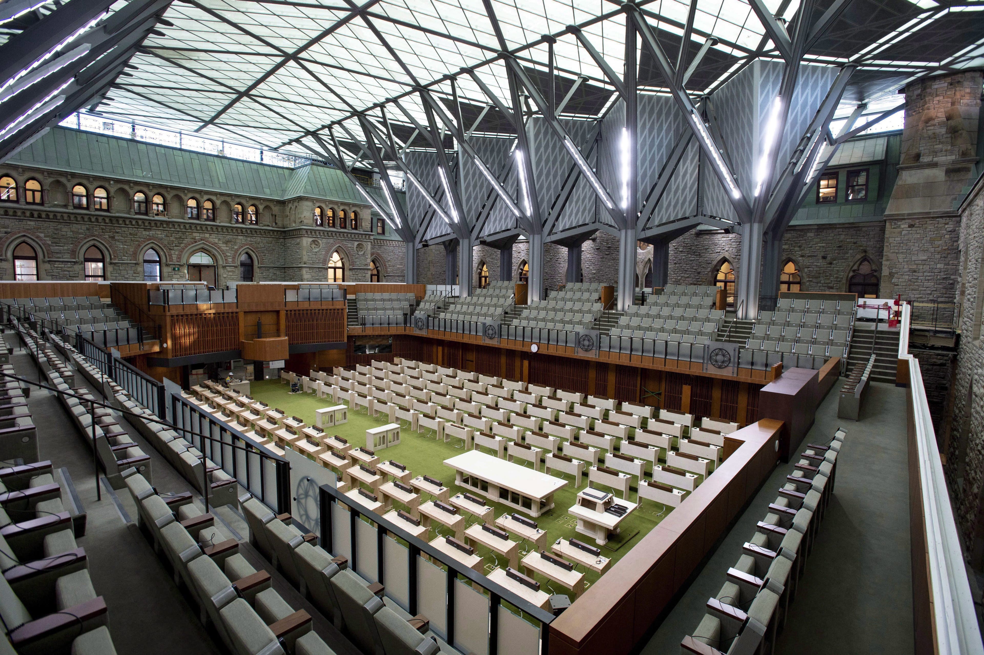 The interim House of Commons Chamber in seen during a media tour of the renovated West Block on Parliament Hill in Ottawa on Friday, June 15, 2018. (Justin Tang/CP)