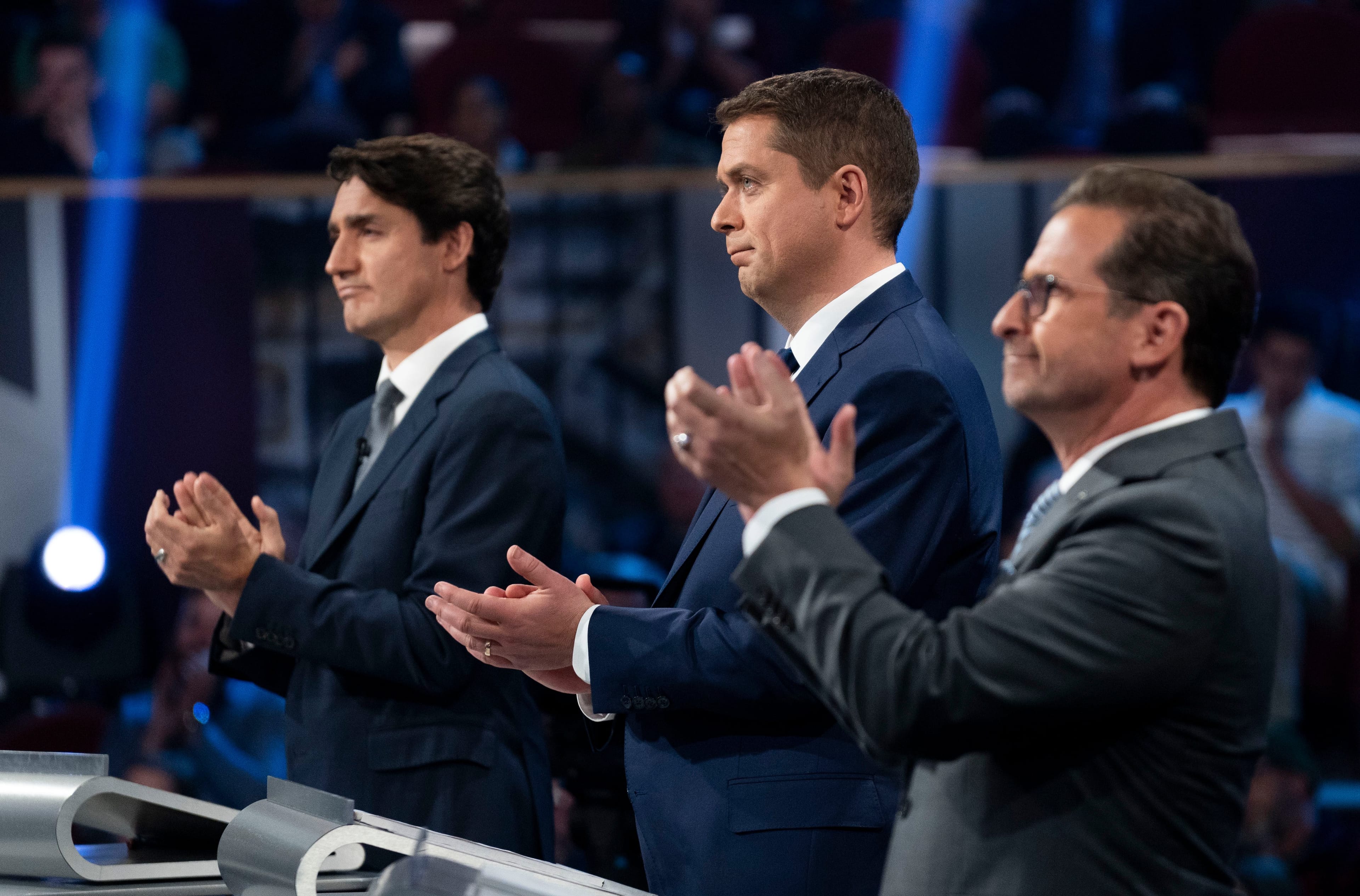 Liberal leader Justin Trudeau, Conservative leader Andrew Scheer and Bloc Quebecois leader Yves-Francois Blanchet take part in a federal leaders debate on Oct. 10, 2019 (CP/Chris Wattie)