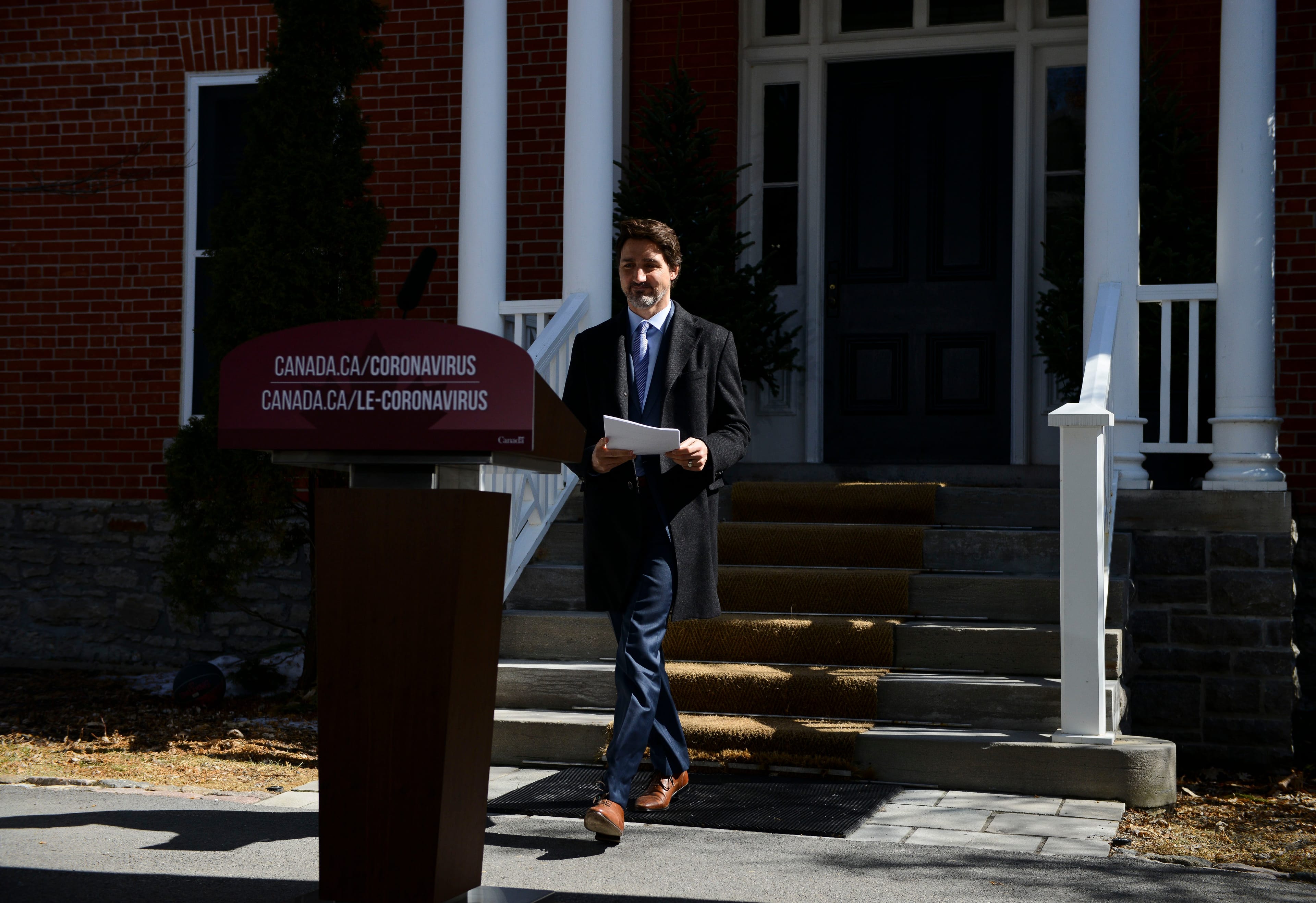 Prime Minister Justin Trudeau arrives to address Canadians on the COVID-19 pandemic from Rideau Cottage in Ottawa on Wednesday, April 1, 2020. (Sean Kilpatrick/CP)