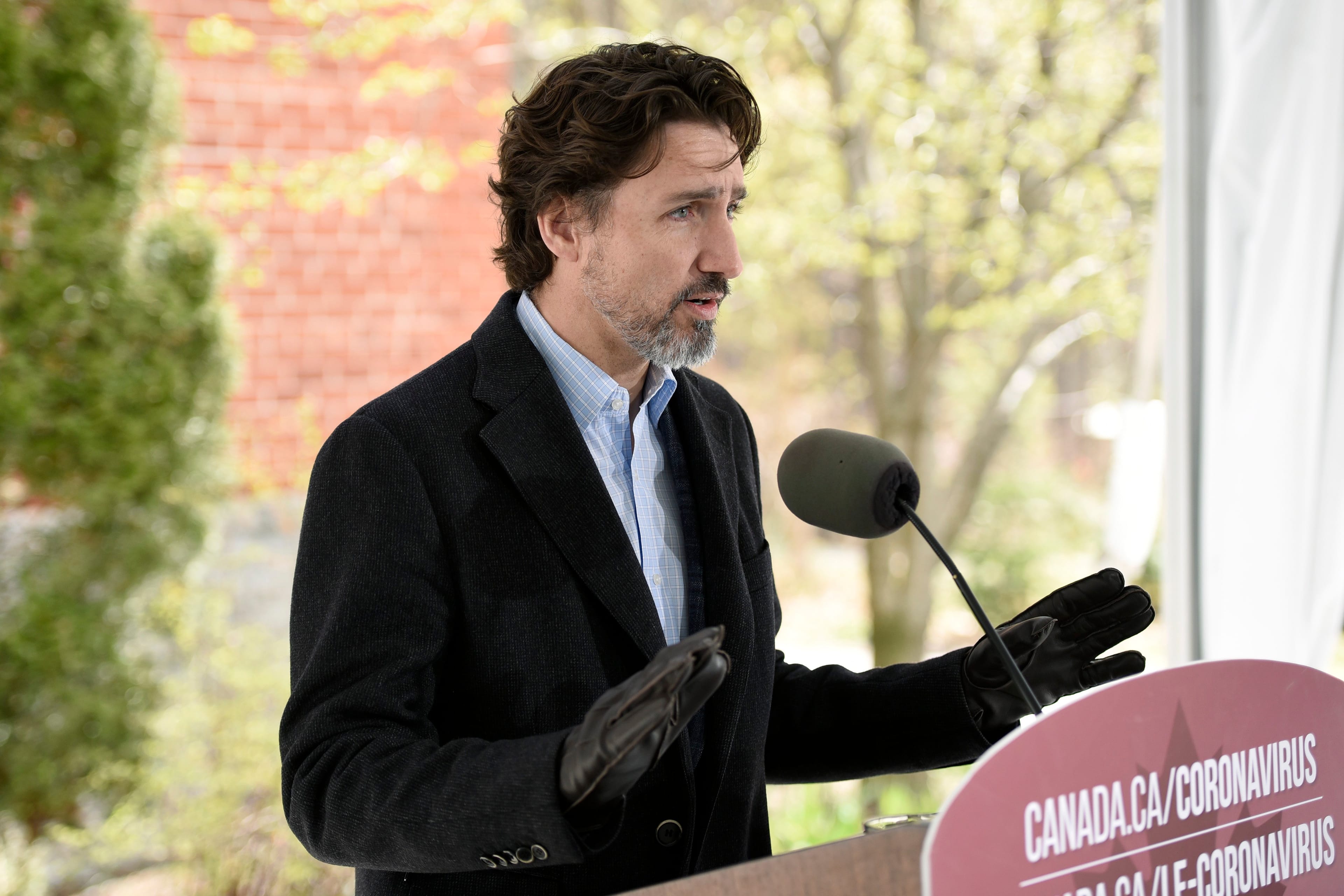 Trudeau speaks during his daily news conference on the COVID-19 pandemic outside his residence at Rideau Cottage on May 9, 2020 (CP/Justin Tang)