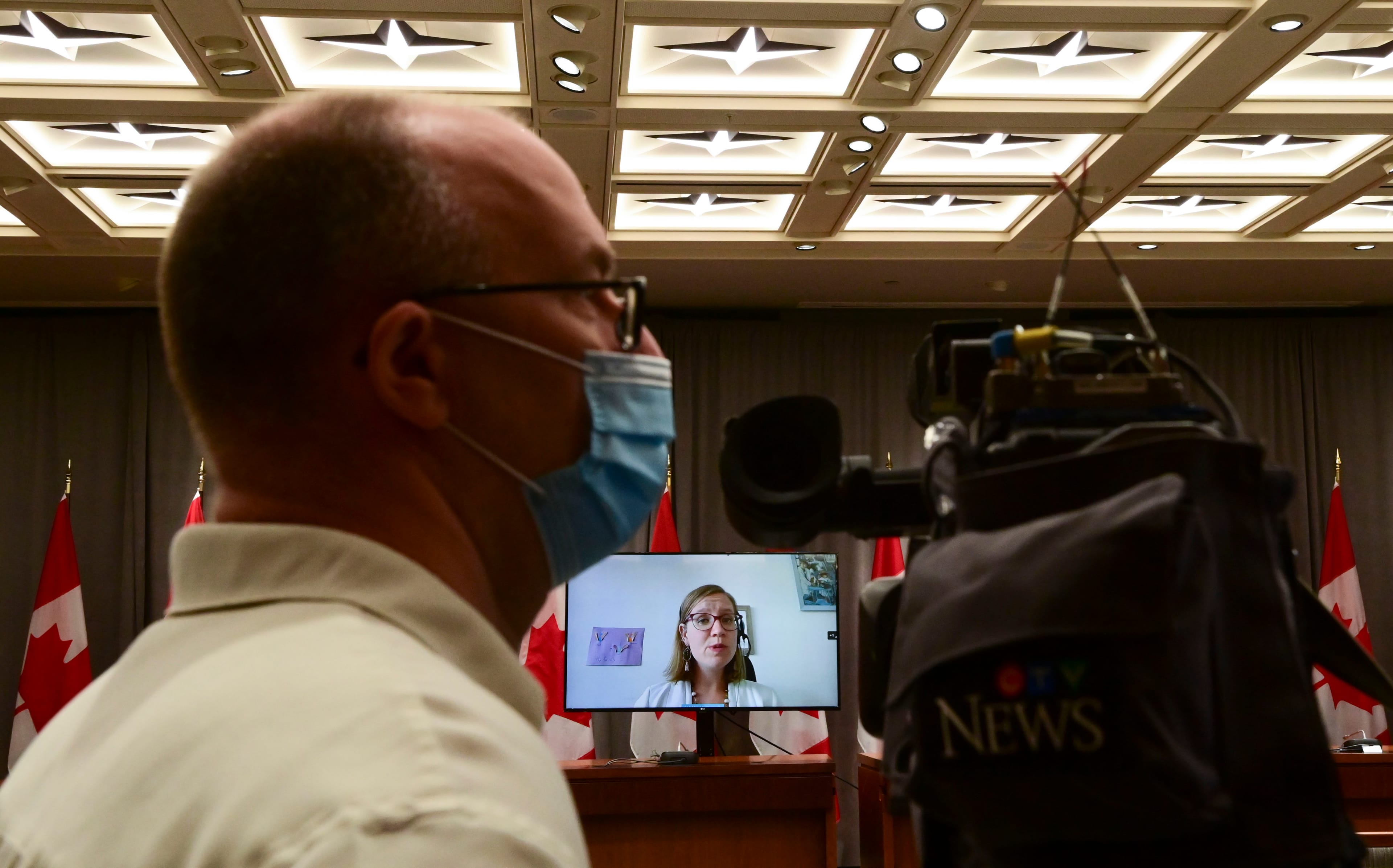 Gould holds a press conference via videoconference on Parliament Hill on Aug. 6, 2020 (CP/Sean Kilpatrick)
