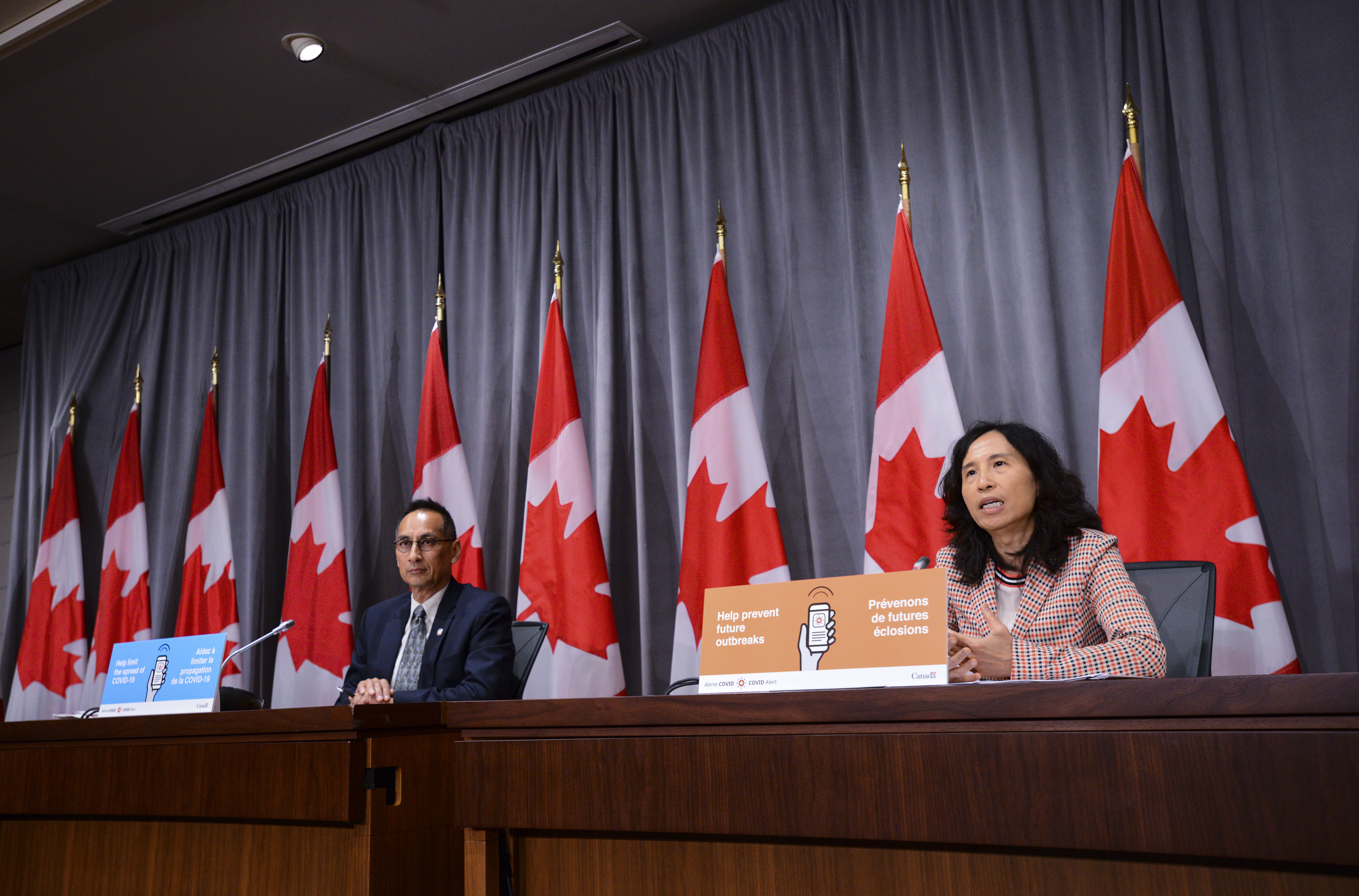 Chief Public Health Officer Dr. Theresa Tam and Dr. Howard Njoo, Deputy Chief Public Health Officer, hold a press conference in Ottawa on Tuesday, Aug. 4, 2020. THE CANADIAN PRESS/Sean Kilpatrick