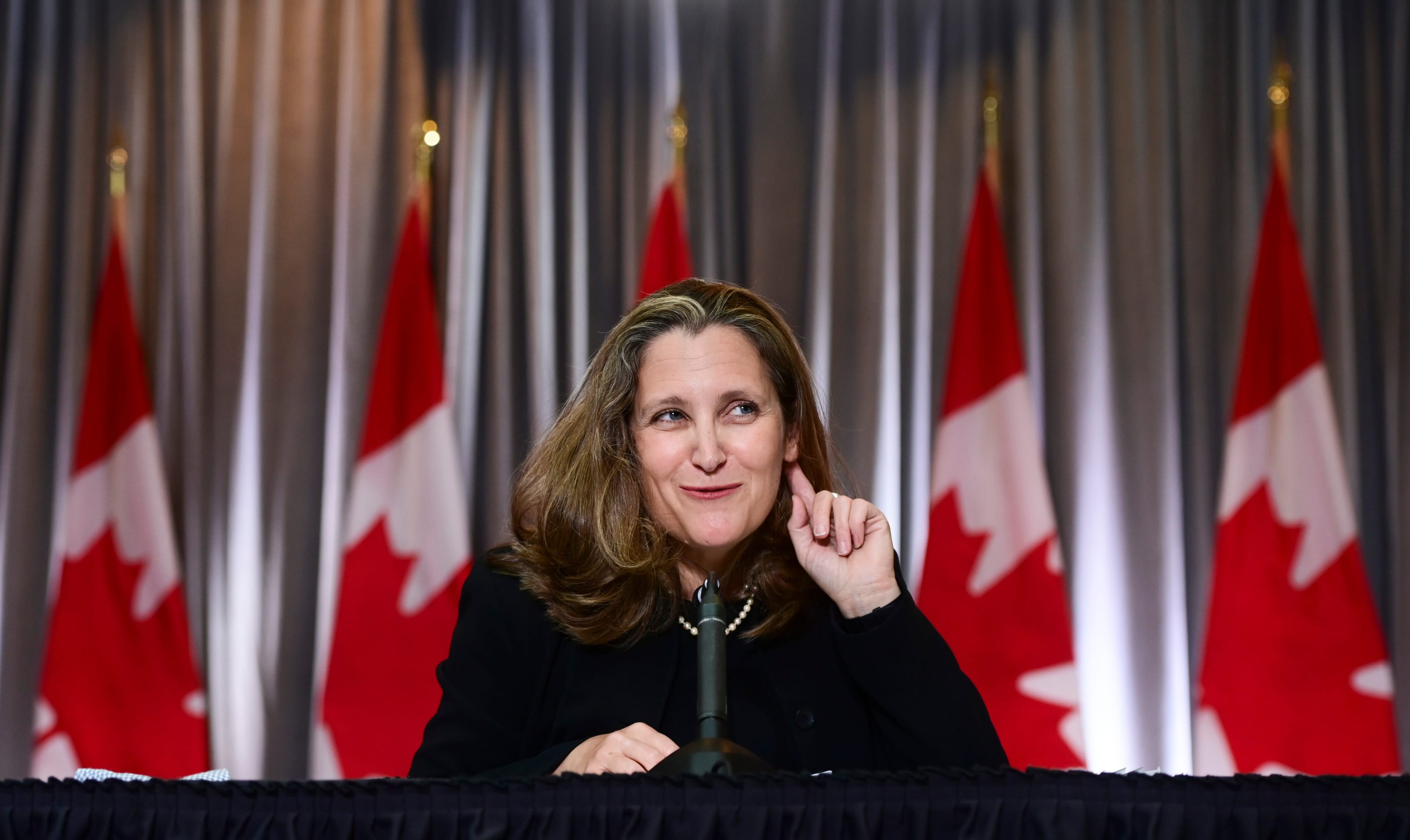 Minister of Finance Chrystia Freeland holds a news conference on the second day of the Liberal cabinet retreat in Ottawa on Tuesday, Sept. 15, 2020.  (Sean Kilpatrick/CP)