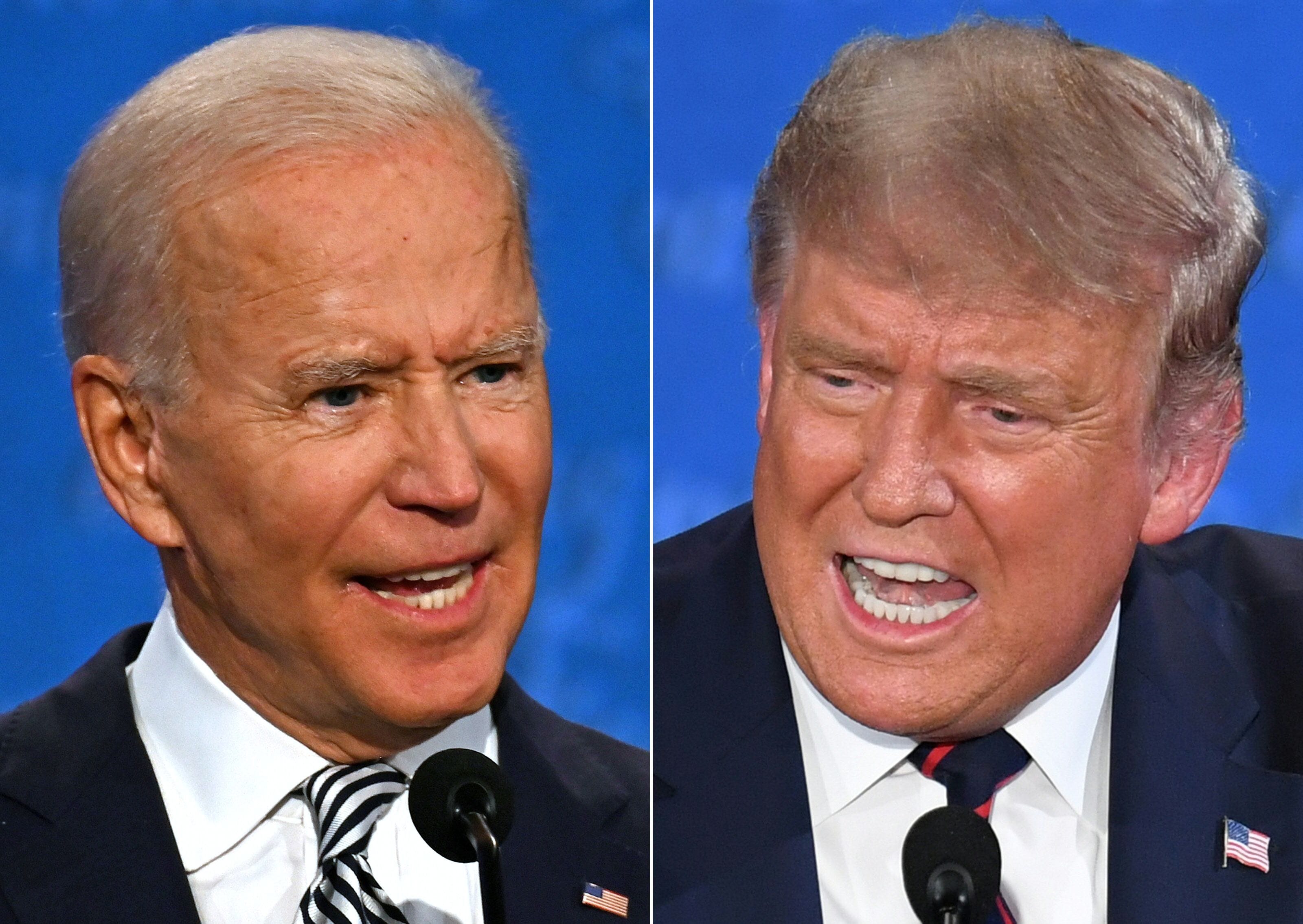 TOPSHOT - (COMBO) This combination of pictures created on September 29, 2020 shows Democratic Presidential candidate and former US Vice President Joe Biden (L) and US President Donald Trump speaking during the first presidential debate at the Case Western Reserve University and Cleveland Clinic in Cleveland, Ohio on September 29, 2020. (Photos by JIM WATSON and SAUL LOEB / AFP) (Photo by JIM WATSON,SAUL LOEB/AFP via Getty Images)