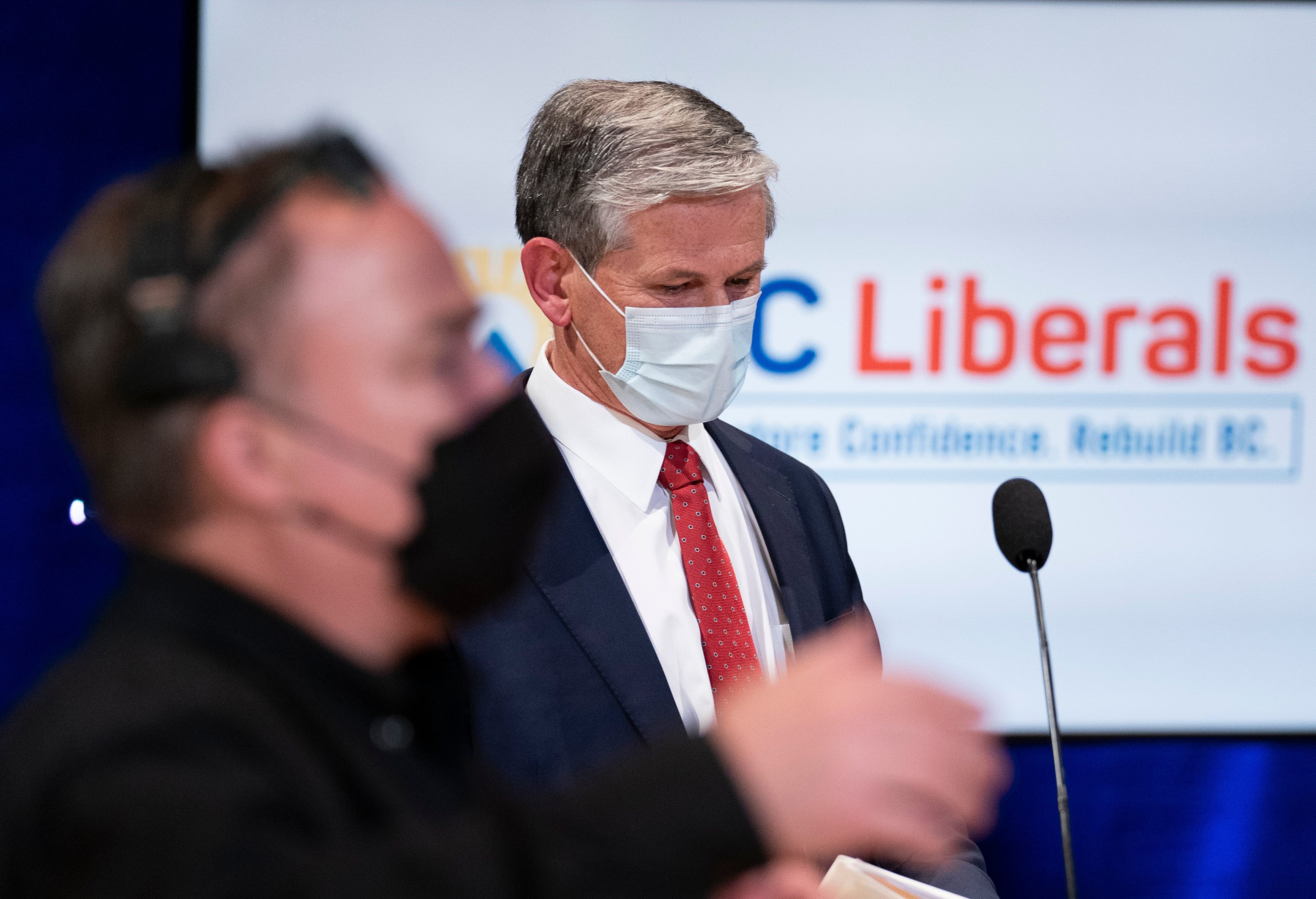 Wilkinson prepares for the leaders debate with Horgan and Furstenau at the Chan Centre in Vancouver on Oct. 13, 2020 (CP/Jonathan Hayward)