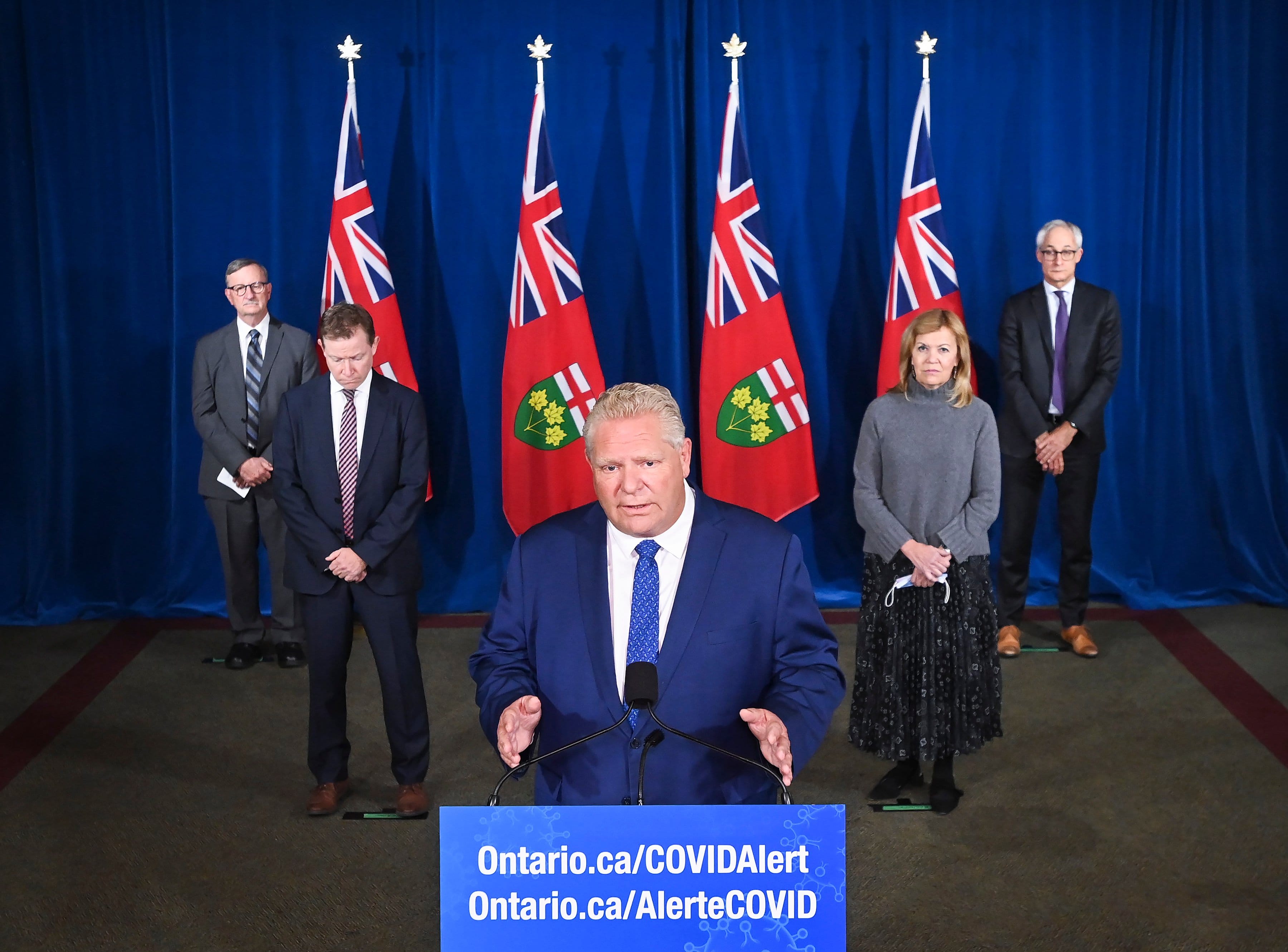 Ontario Premier Doug Ford holds a press conference with his medical team regarding new restrictions at Queen's Park during the COVID-19 pandemic in Toronto on Friday, October 2, 2020. THE CANADIAN PRESS/Nathan Denette