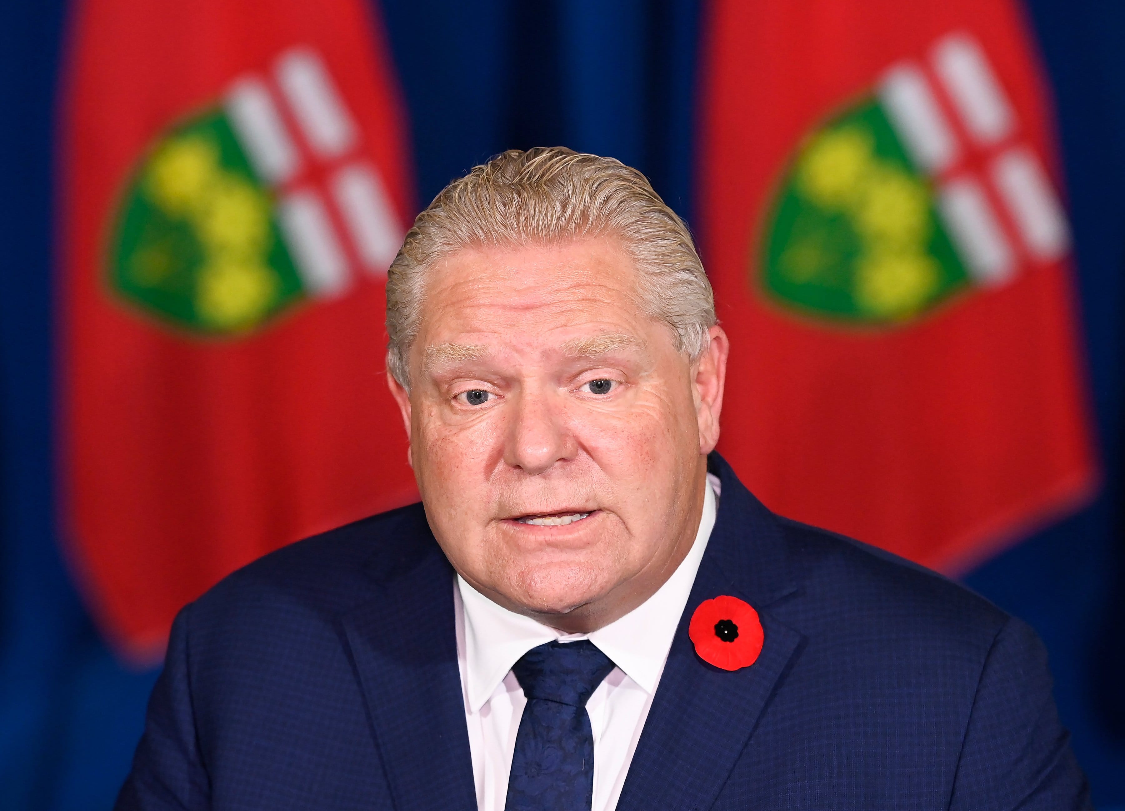 Ontario Premier Doug Ford holds a press conference at Queen's Park during the COVID-19 pandemic in Toronto on Tuesday, November 3, 2020. The provincial government unveiled a new tiered system for COVID-19 restrictions that will give municipalities and public health units guidelines for when to implement lockdows and closures. THE CANADIAN PRESS/Nathan Denette
