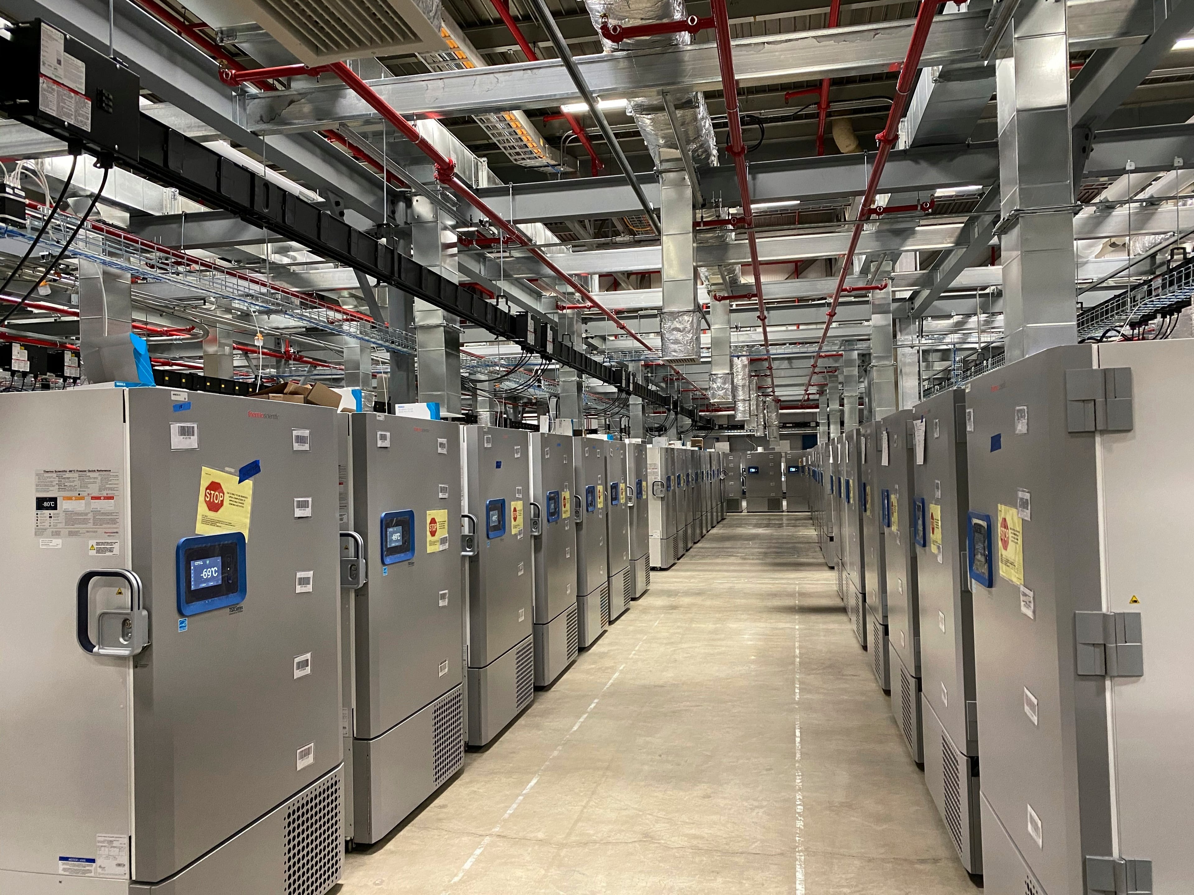This photo provided by Pfizer shows Pfizer's COVID-19 vaccine storage facility in Kalamazoo, Mich. (Jerica Pitts/Pfizer via AP)