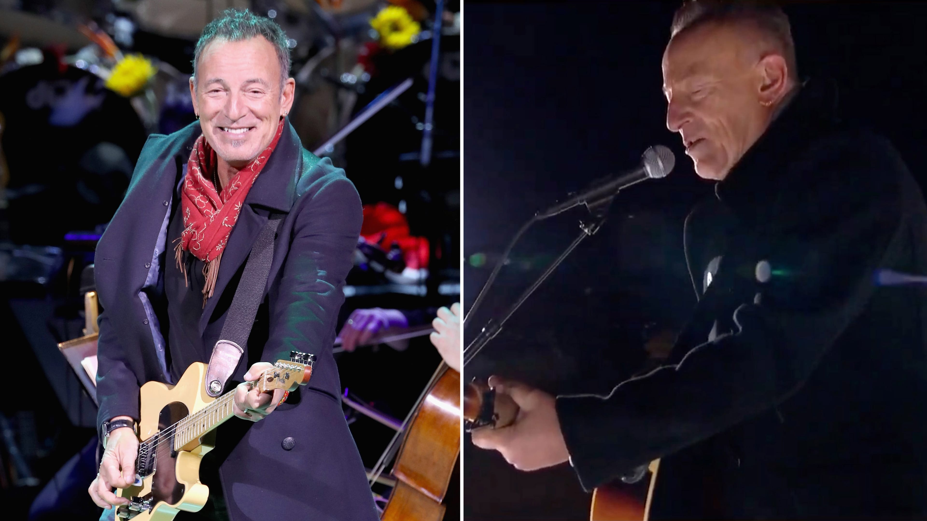 Bruce Springsteen in 2016 (left), and in 2021 as he performs during the Celebrating America Primetime Special on January 20, 2021. (Getty Images)