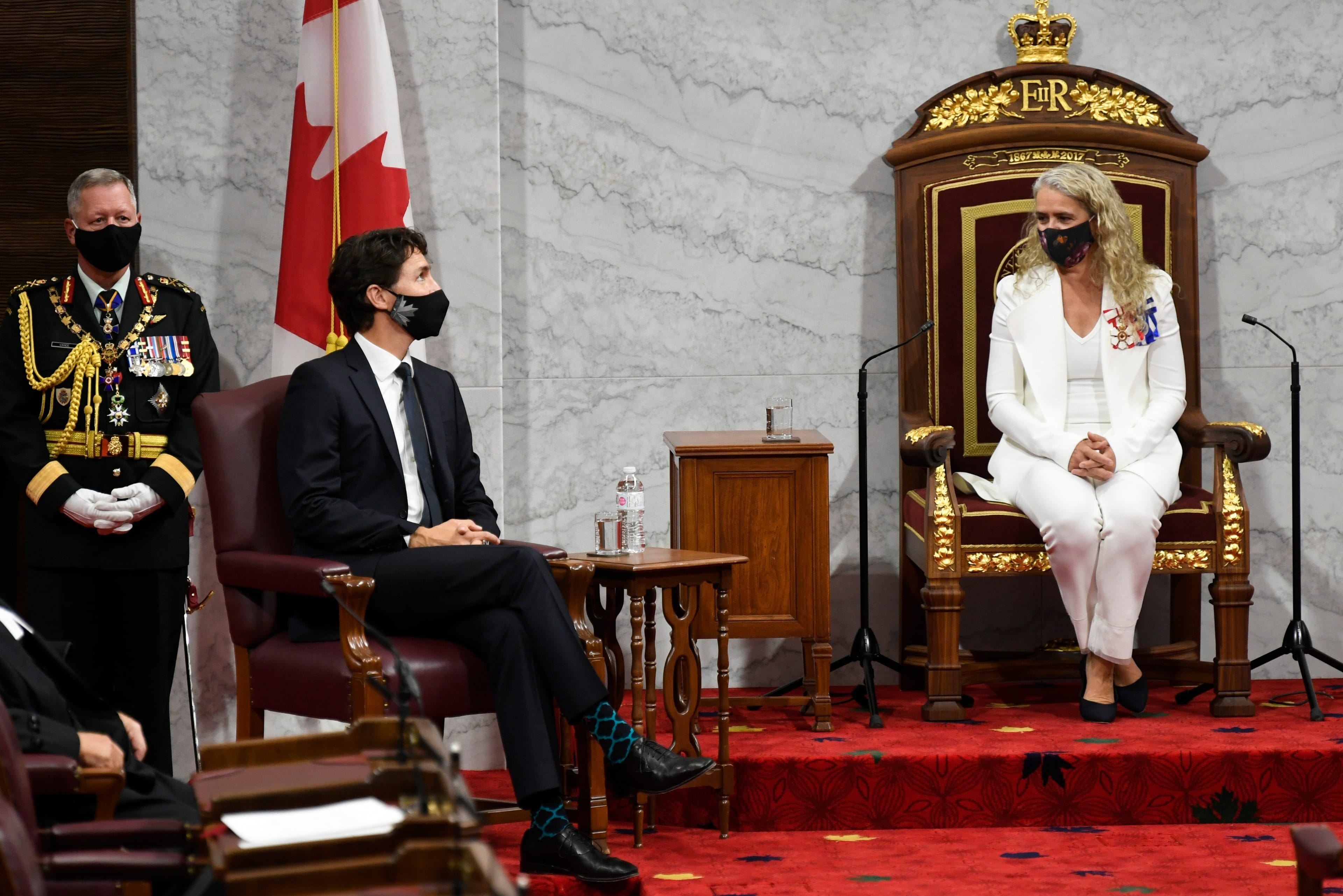 Payette and Trudeau wait during the throne speech in the Senate chamber in Ottawa on Sept. 23, 2020 (CP/Adrian Wyld)