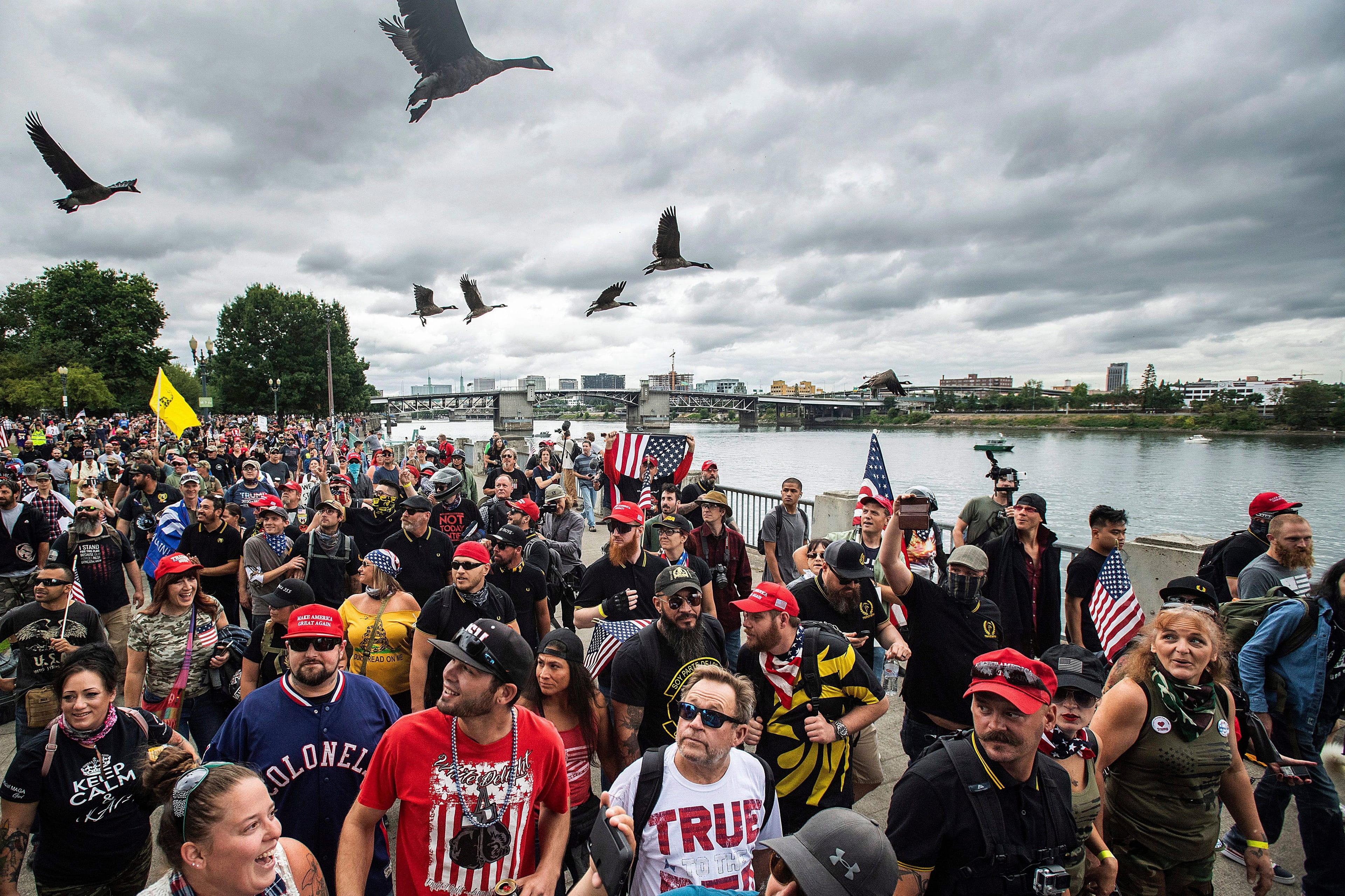 Members of the Proud Boys and other right-wing demonstrators during an "End Domestic Terrorism" rally in Portland, Ore., on Aug. 17, 2019 (Noah Berger/AP/CP)