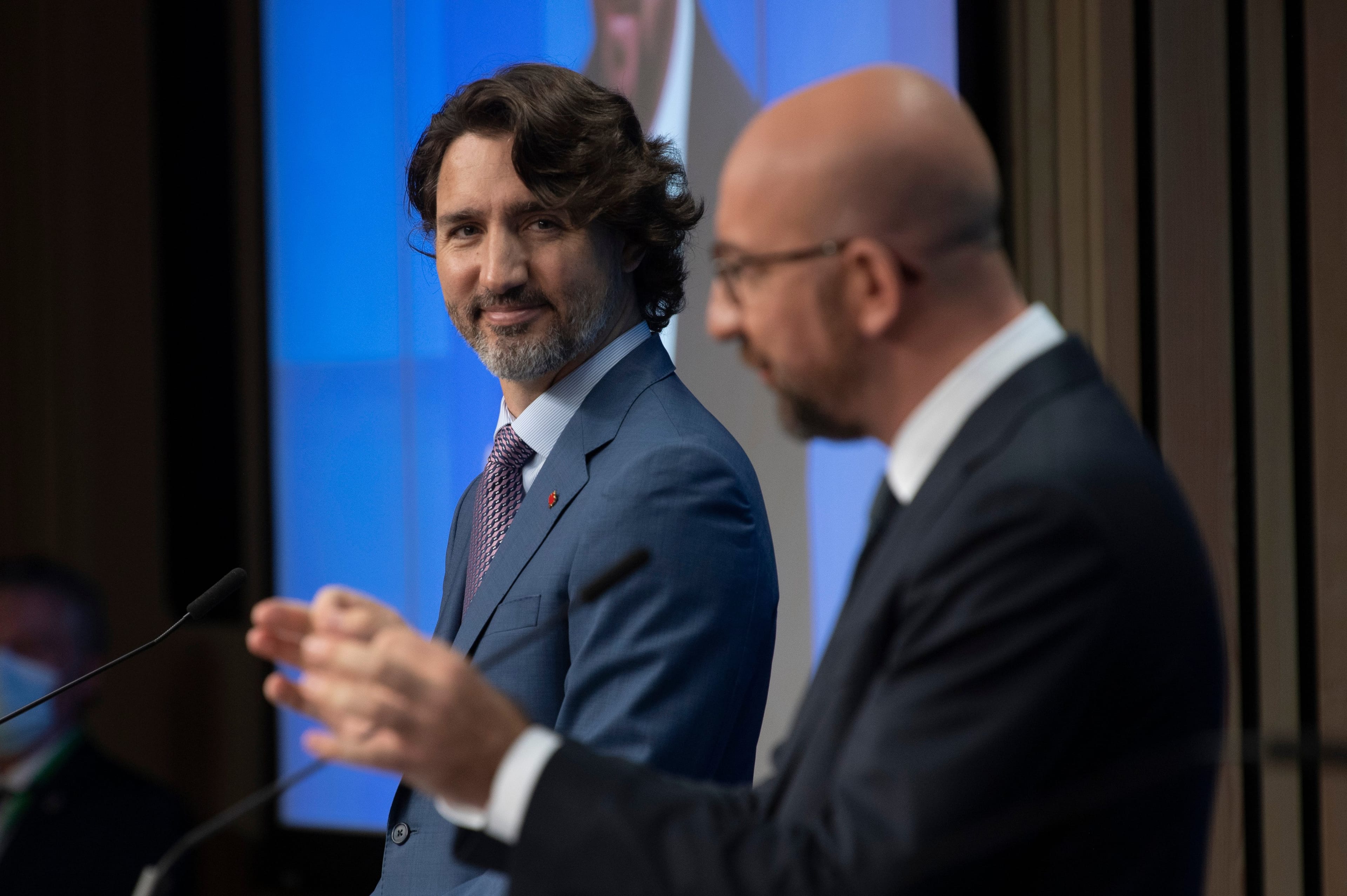 Trudeau and European Council President Charles Michel attend a joint news conference at the EU-Canada Summit on June 15, 2021 in Brussels, Belgium (Adrian Wyld/CP)