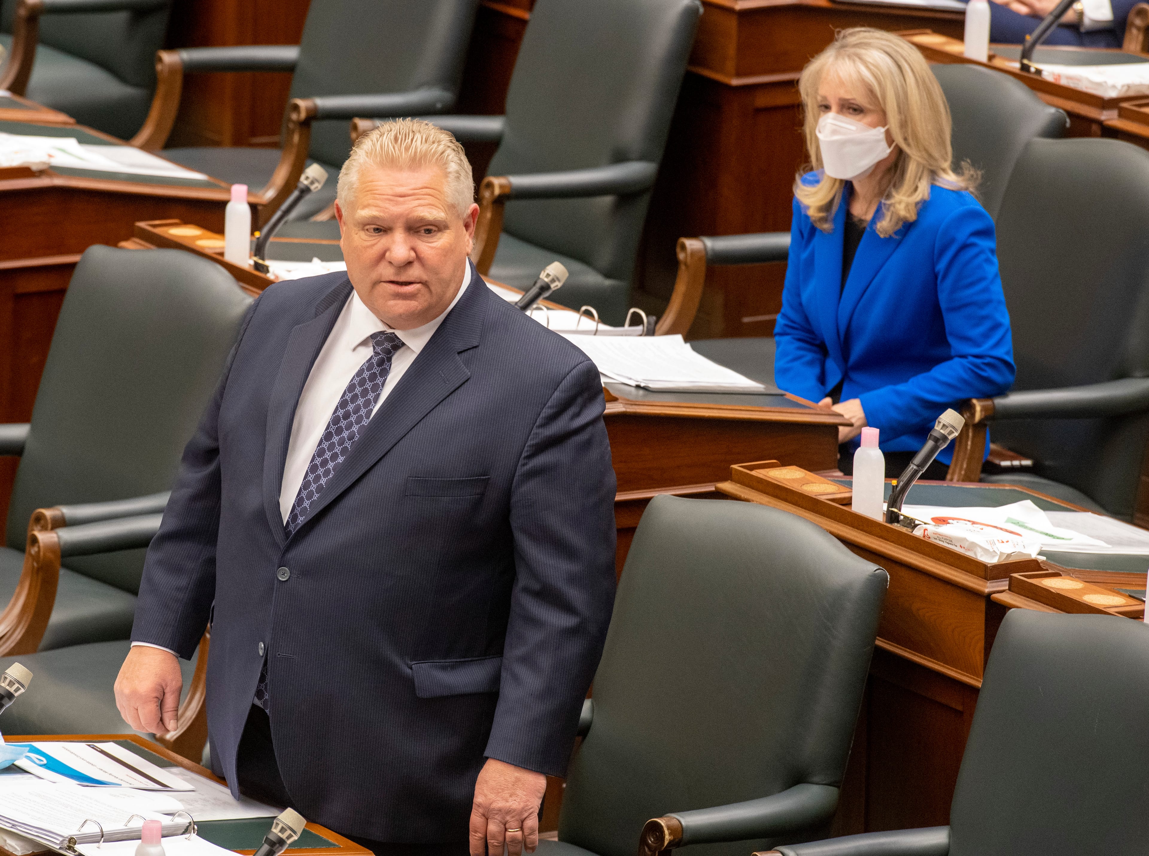 Ontario Long Term Care Minister Merrilee Fullerton and Premier Doug Ford, at Queen’s Park on May 5, 2021 (Frank Gunn/CP)