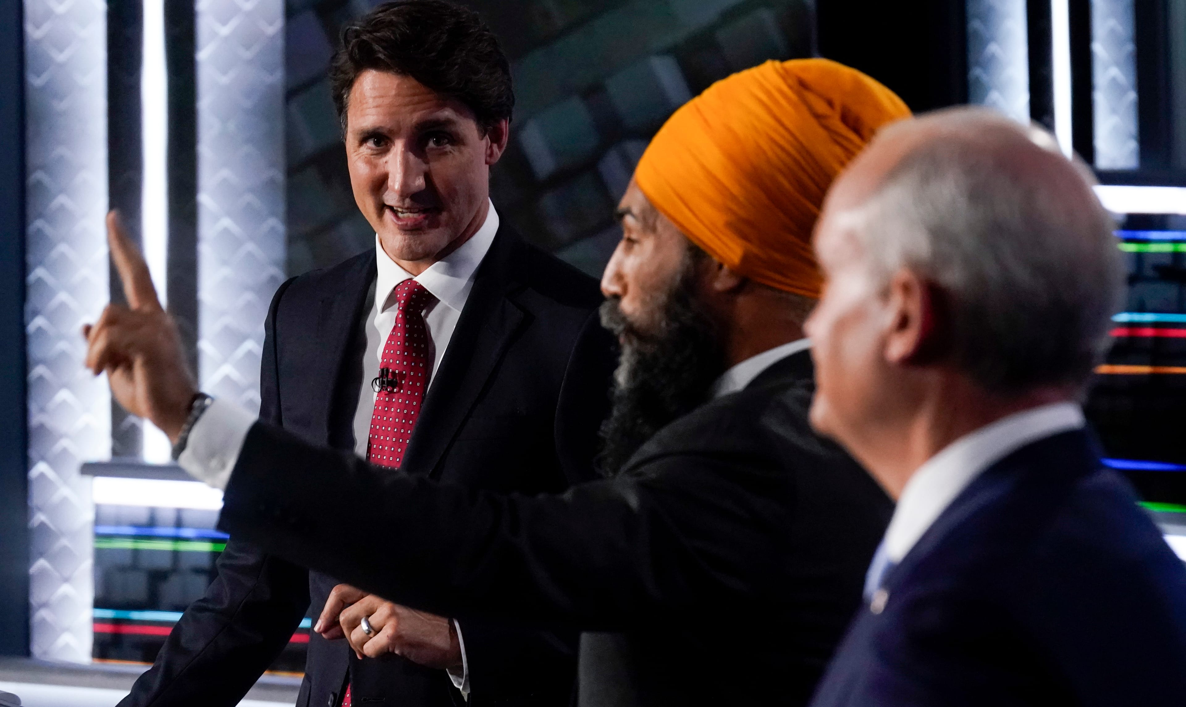 Trudeau, Singh, and O'Toole take part in the federal election English-language Leaders debate in Gatineau, Que., on Sept. 9, 2021 (Adrian Wyld/CP)