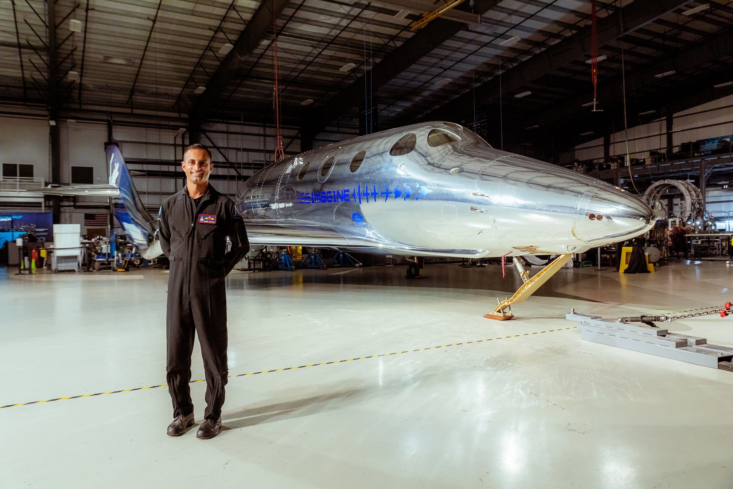 Janjua in front of the VSS Imagine, in Mojave, California, at the Virgin Galactic facility (Courtesy of Quinn Tucker/Virgin Galactic)