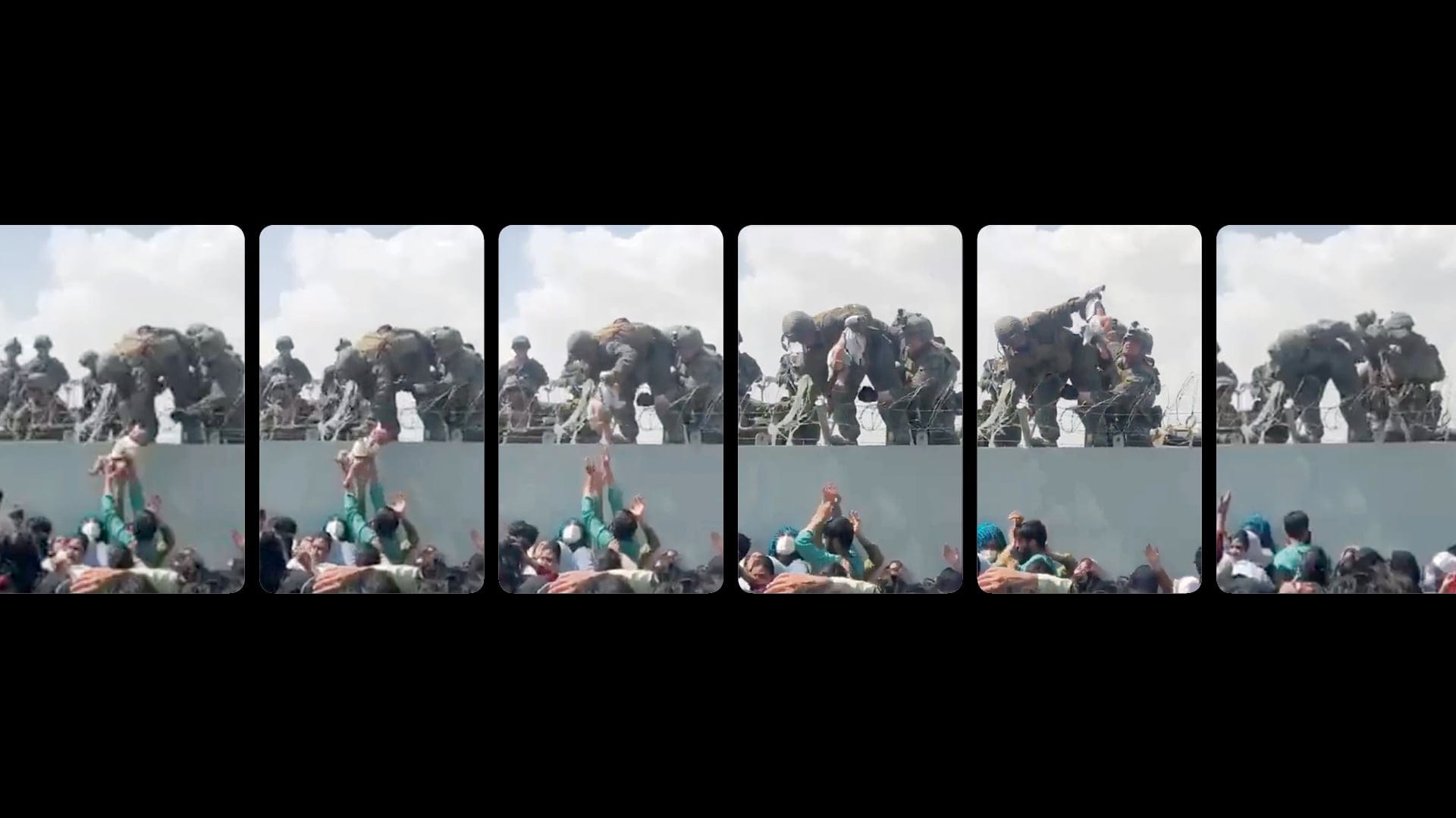 Multiple stills from the viral video showing a baby being lifted over the Kabul Airport wall in August, 2021. (@OmarHaidari1/Twitter)