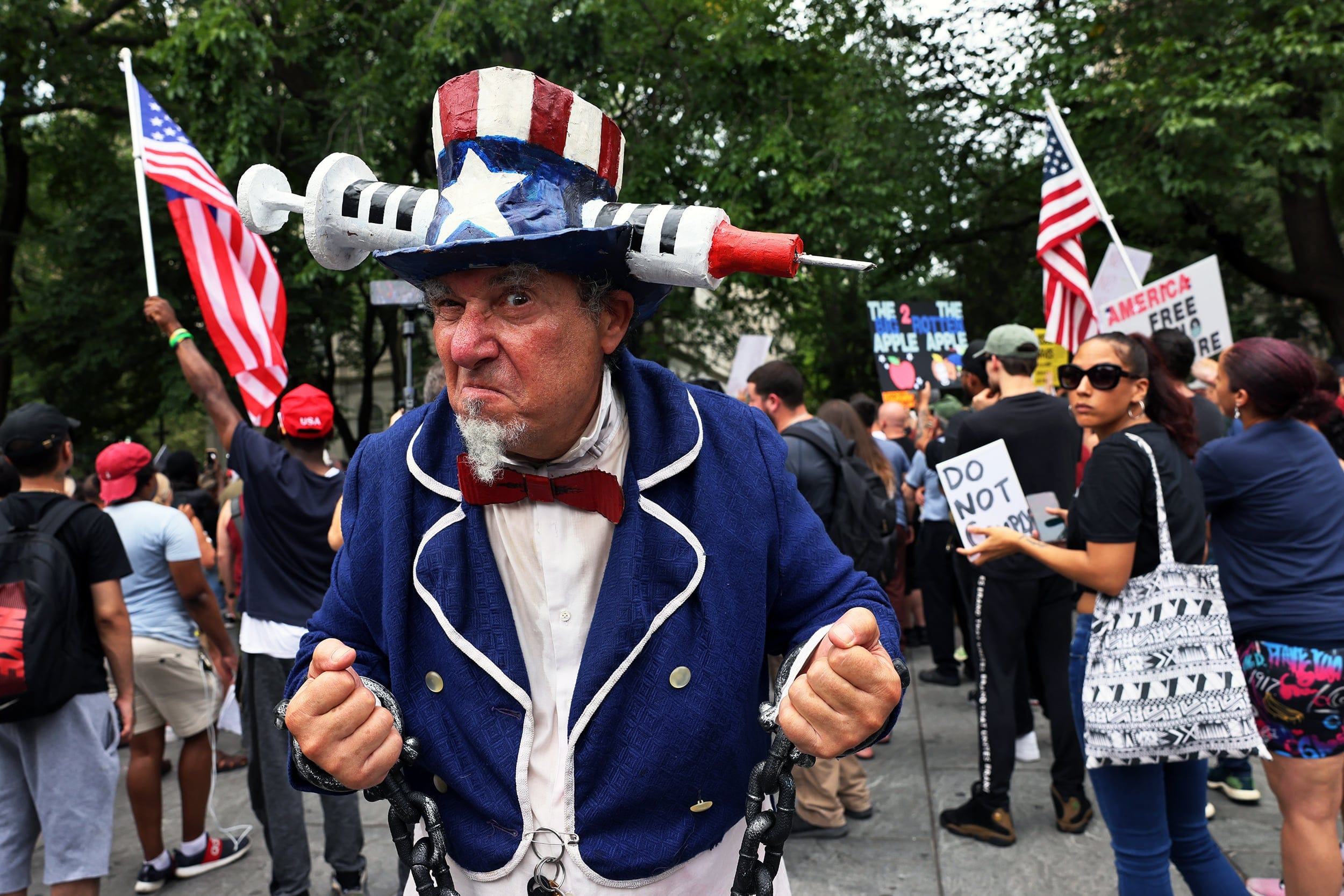 People gather at City Hall to protest vaccine mandates on Aug. 9, 2021, in New York City (Michael M. Santiago/Getty Images)